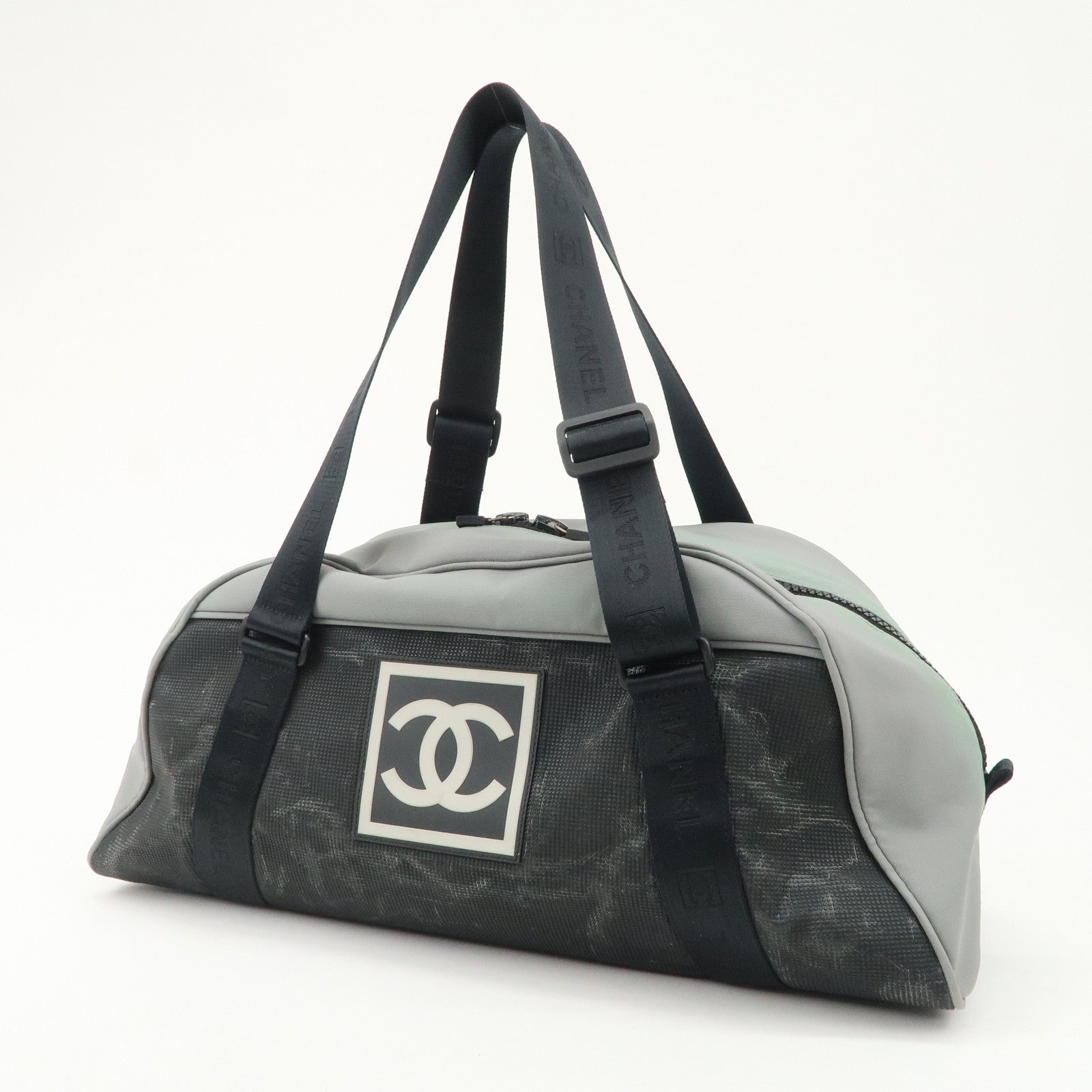 CHANEL Sportsline Nylon Canvas Boston Bag Black Gray A19976 Used
