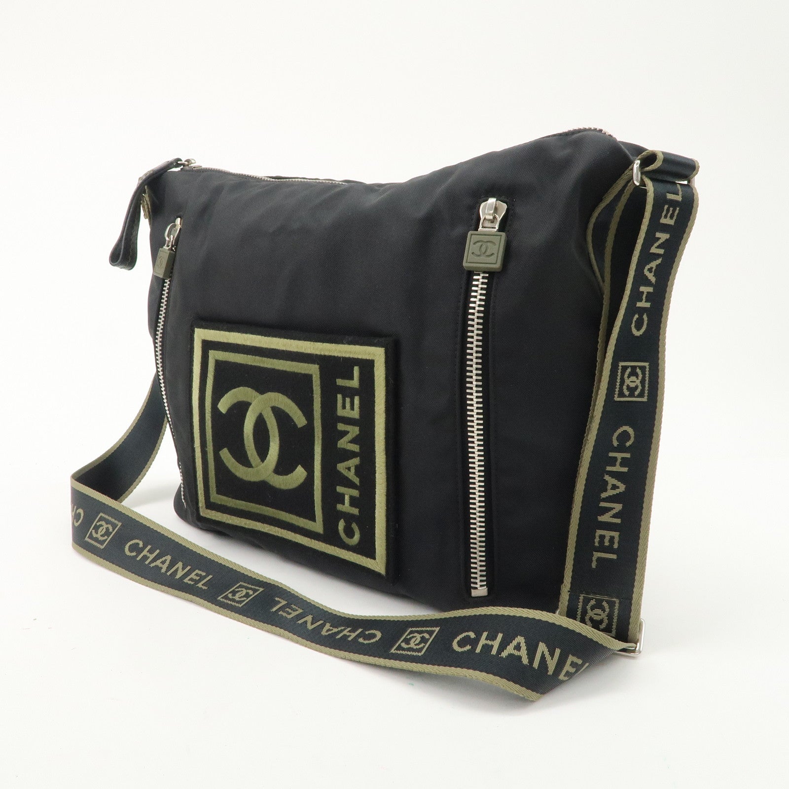 CHANEL Sports Nylon COCO Mark Shoulder Bag Black Khaki Used