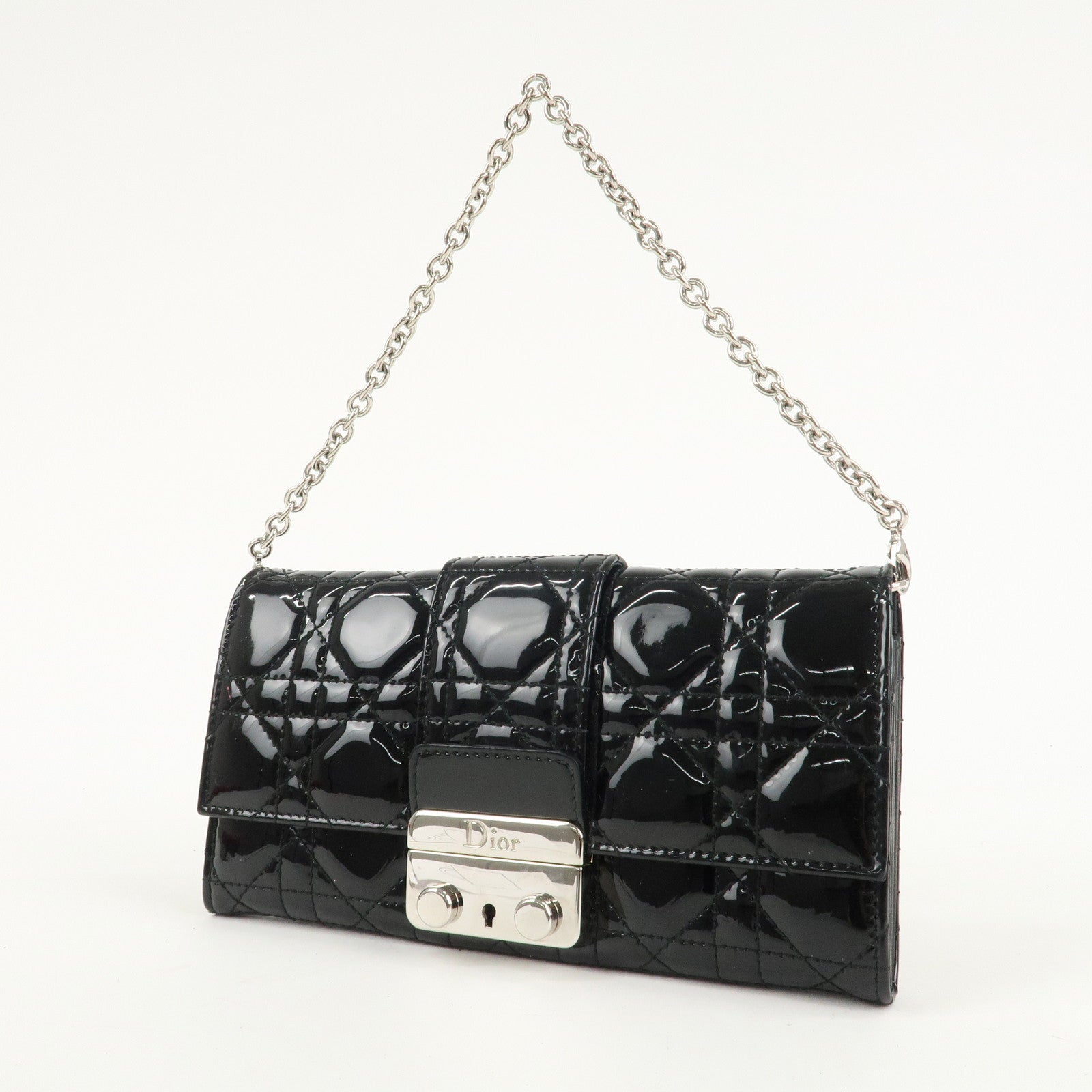 Christian Dior New Lock Cannage Patent Leather Chain Long Wallet Used