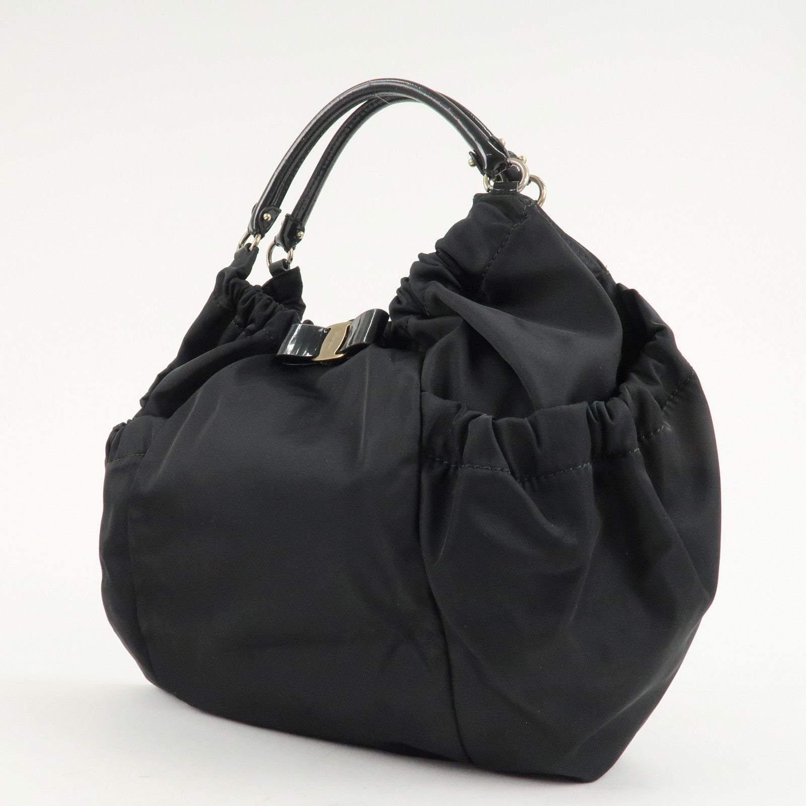 Ferragamo Nylon Patent Leather Shoulder Bag Hand Bag Black Used