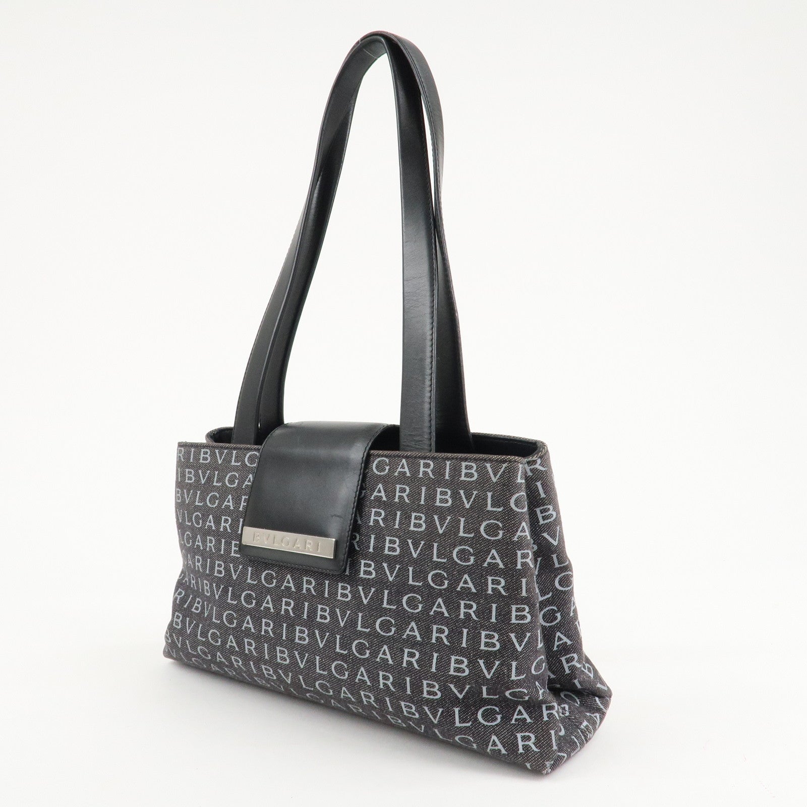 BVLGARI Logo Mania Canvas Leather Tote Bag Shoulder Bag Black Used