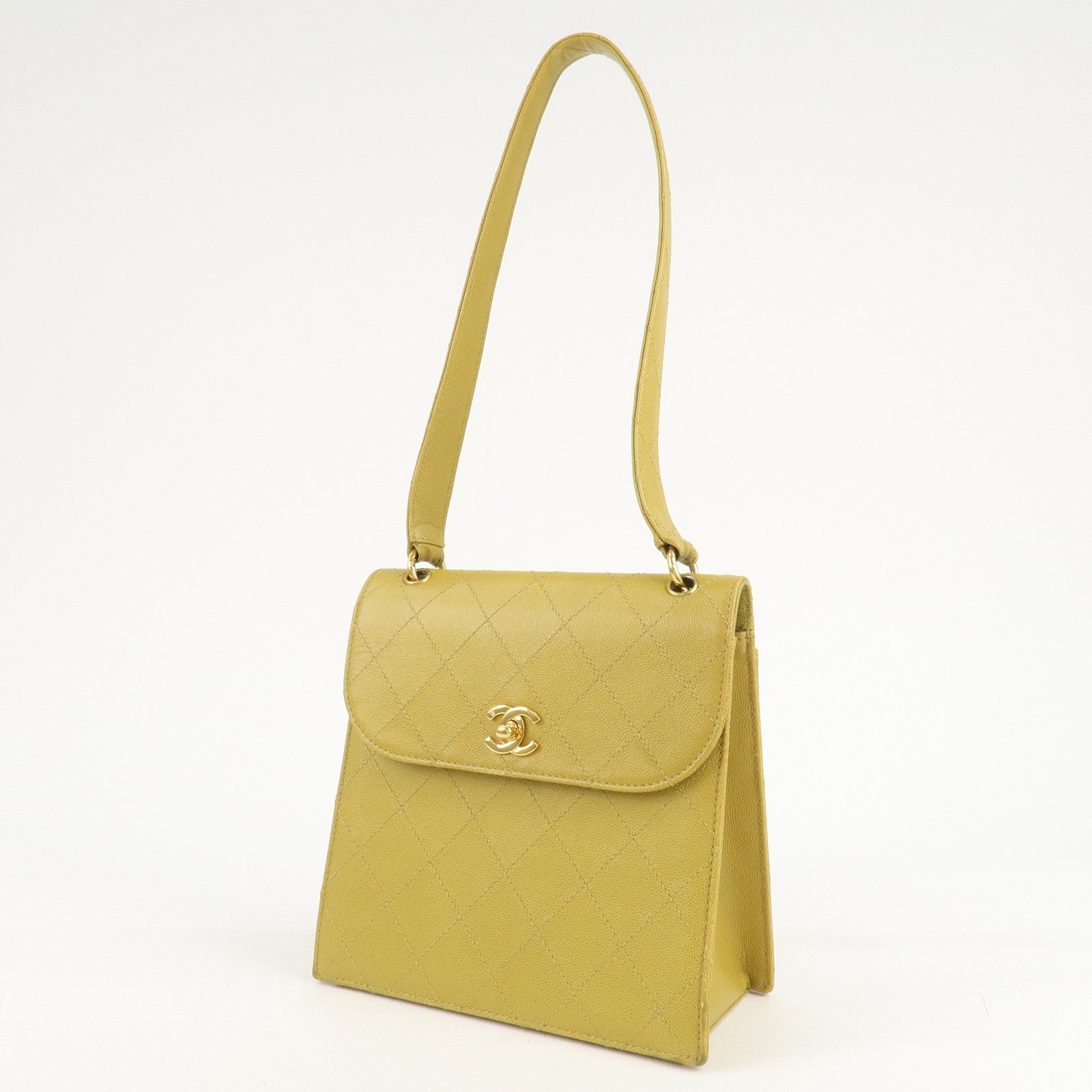 CHANEL Matelasse Caviar Skin Shoulder Bag Yellow Used