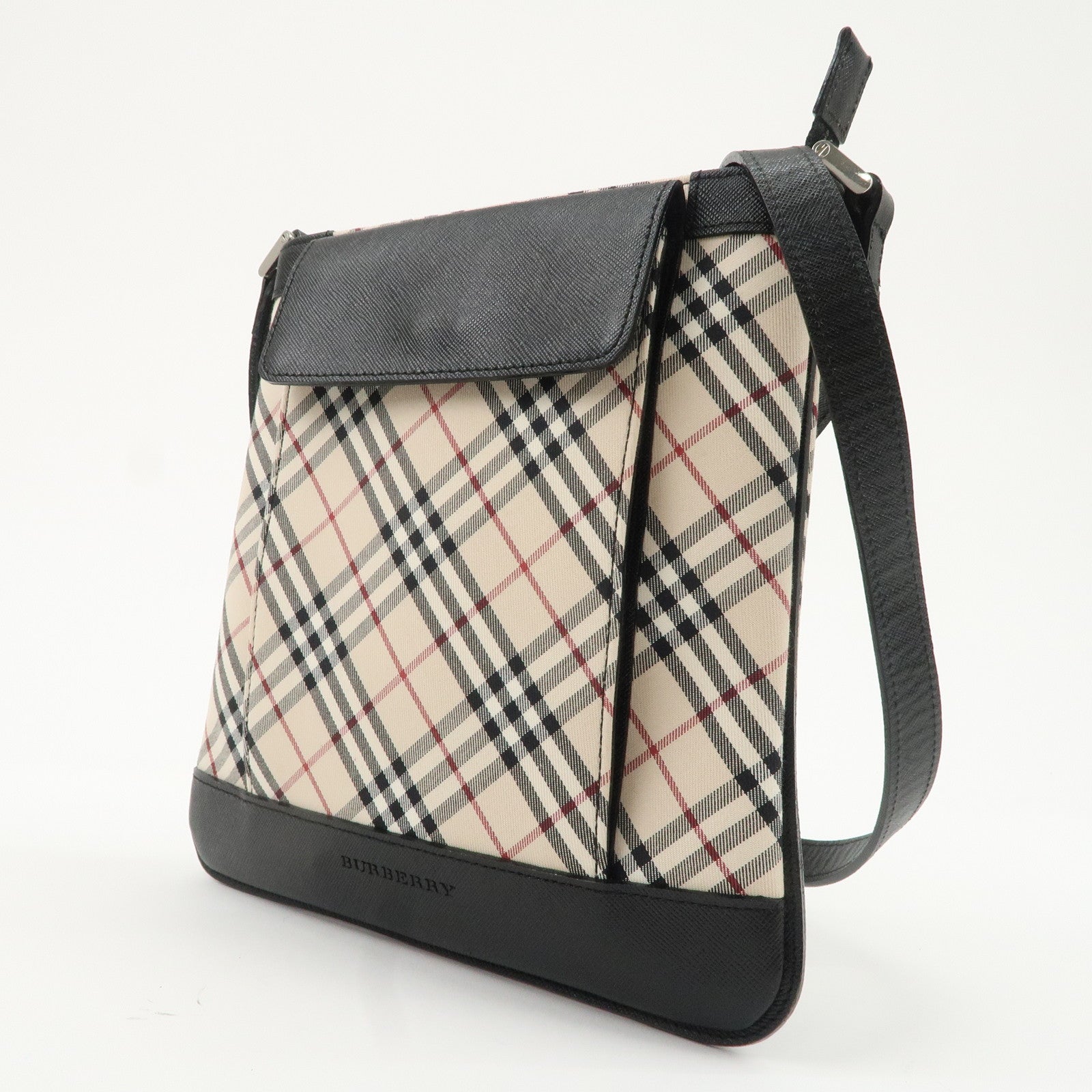 BURBERRY Canvas Leather Nova Plaid Shoulder Bag Beige Black Used
