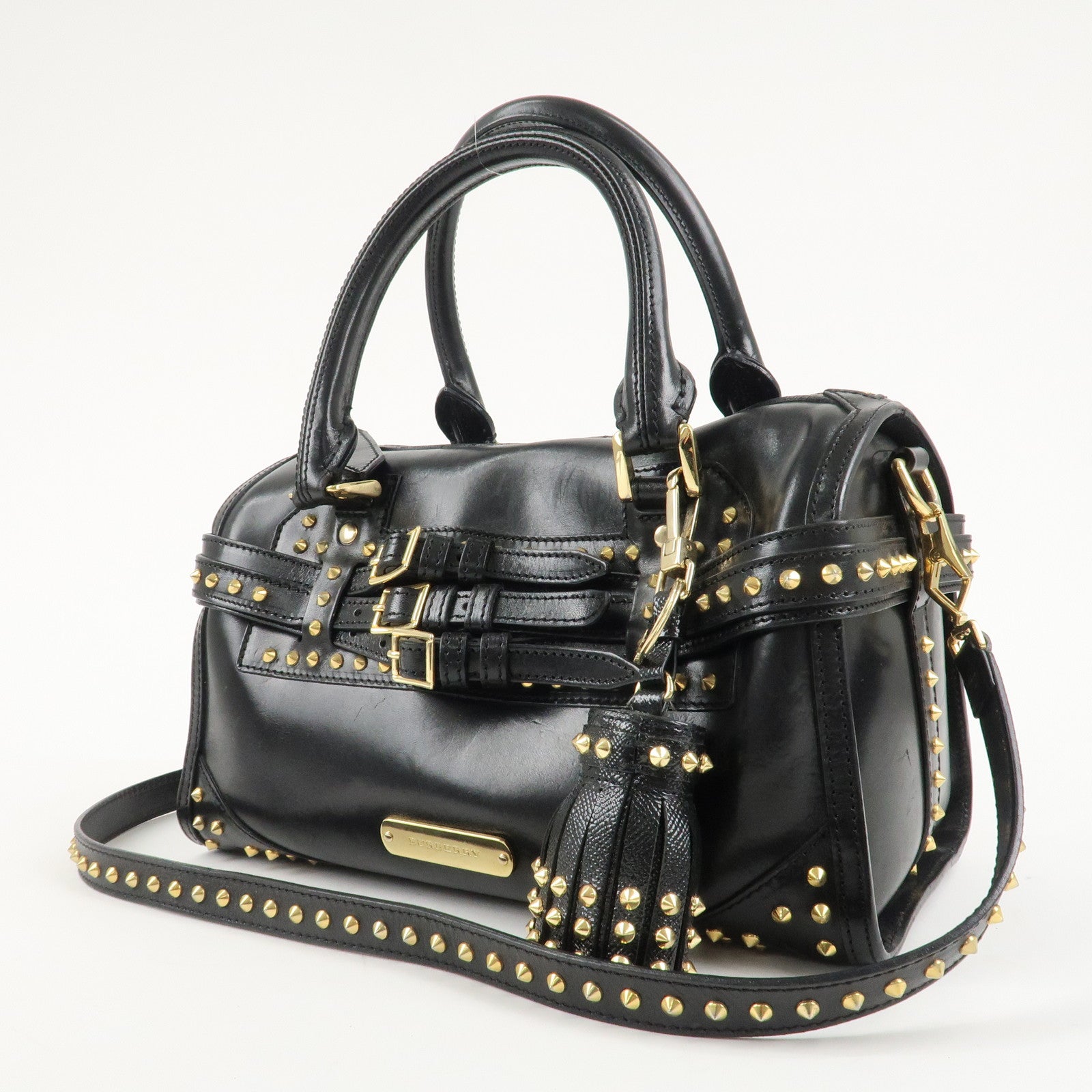 BURBERRY Leather 2Way Shoulder Bag Crossbody Bag Studs Black Used