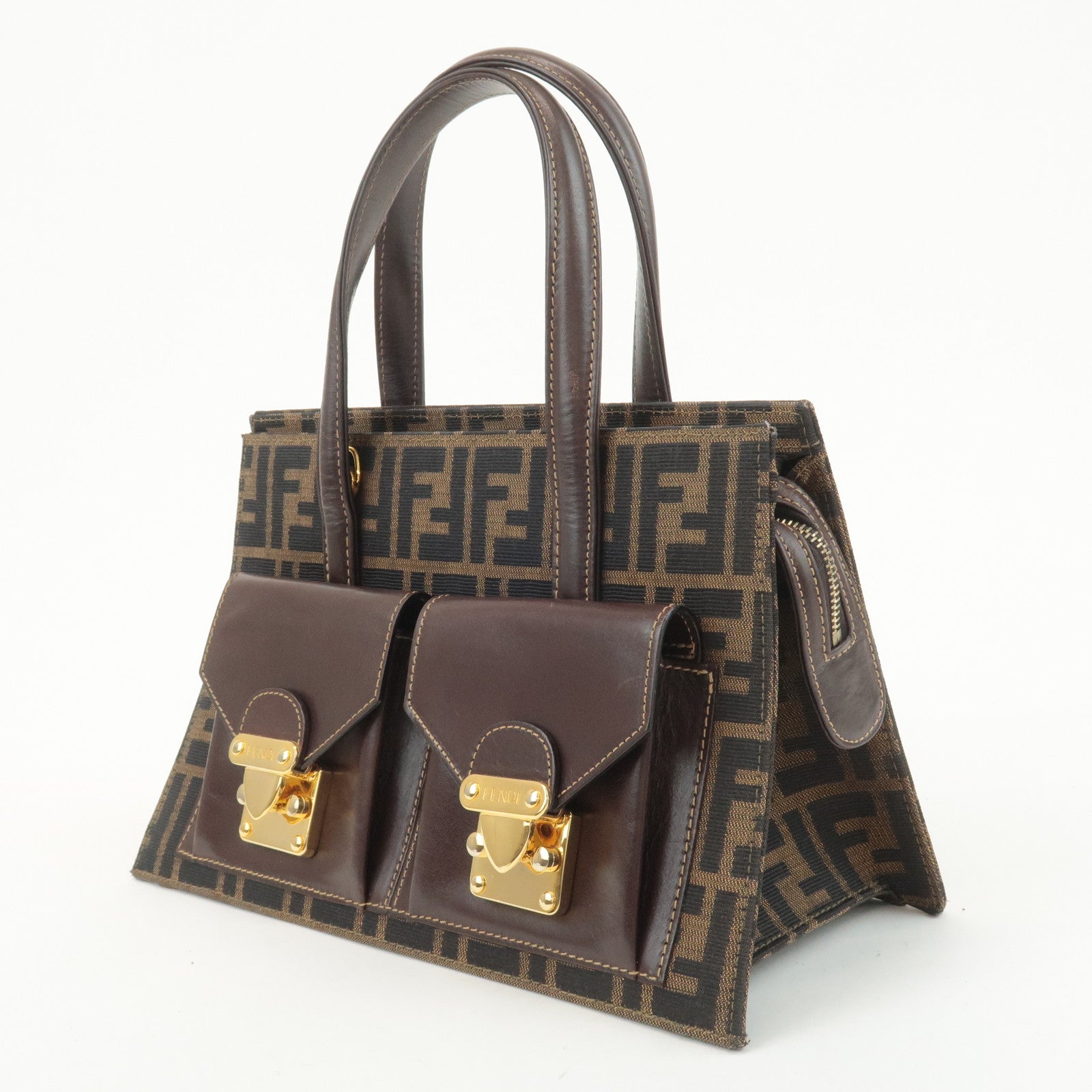 FENDI Zucca Canvas Leather Boston Bag Hand Bag Brown Black Used