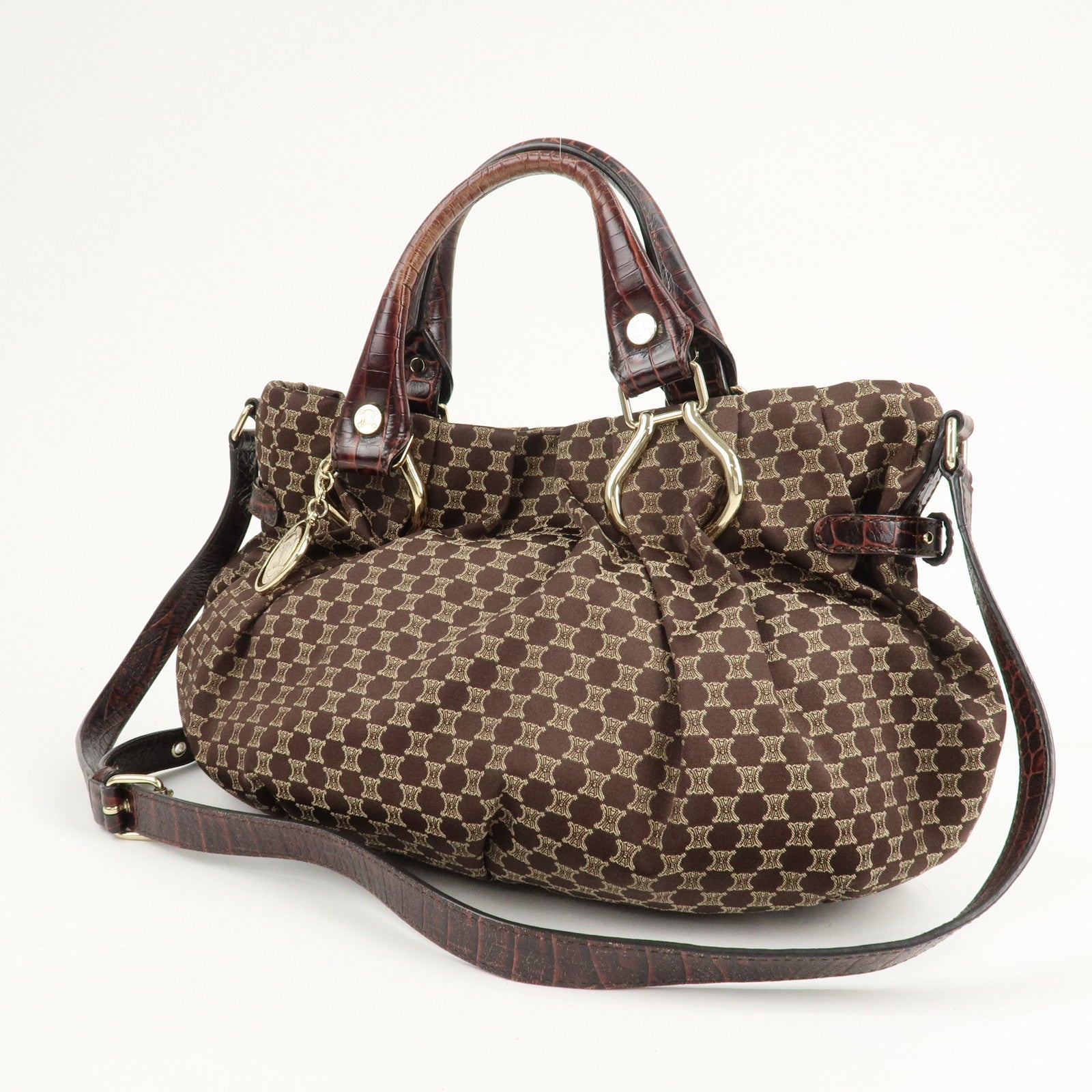 CELINE Macadam Canvas Leather 2Way Shoulder Bag Brown Used