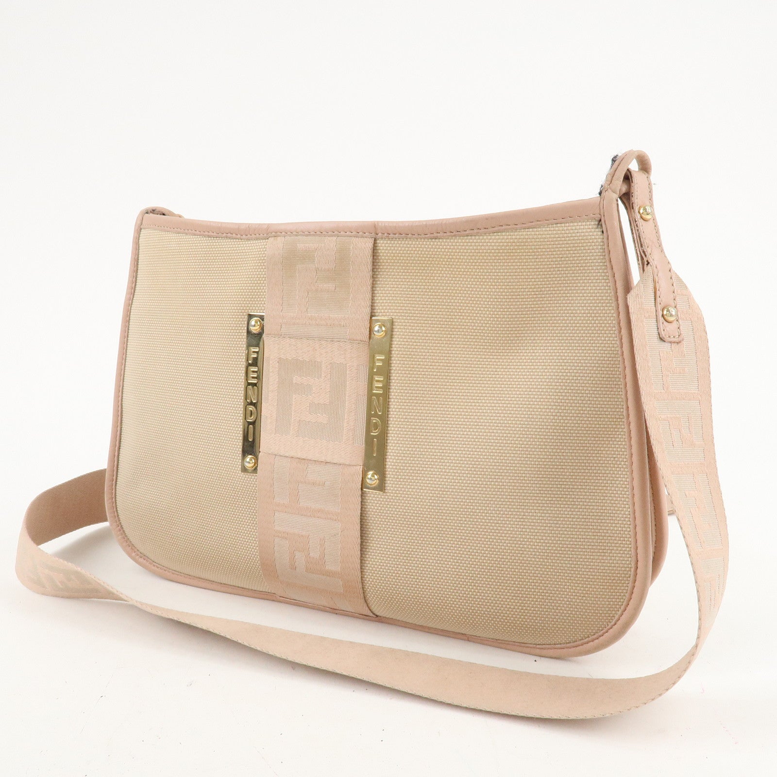 FENDI Logo Canvas Leather Shoulder Bag Beige Pink 8BT084 Used