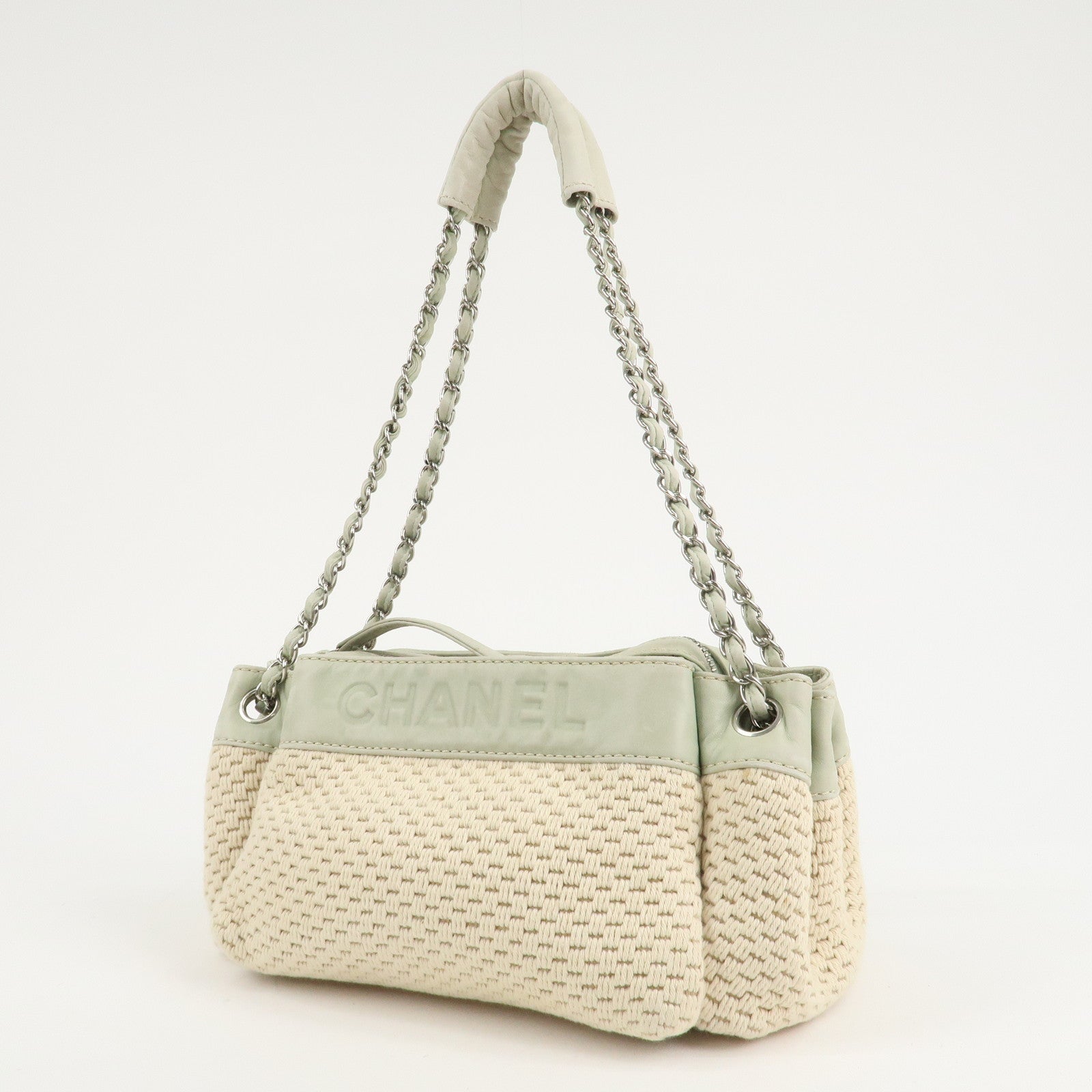 CHANEL Cotton Leather Chain Shoulder Bag Ivory Light Green Used