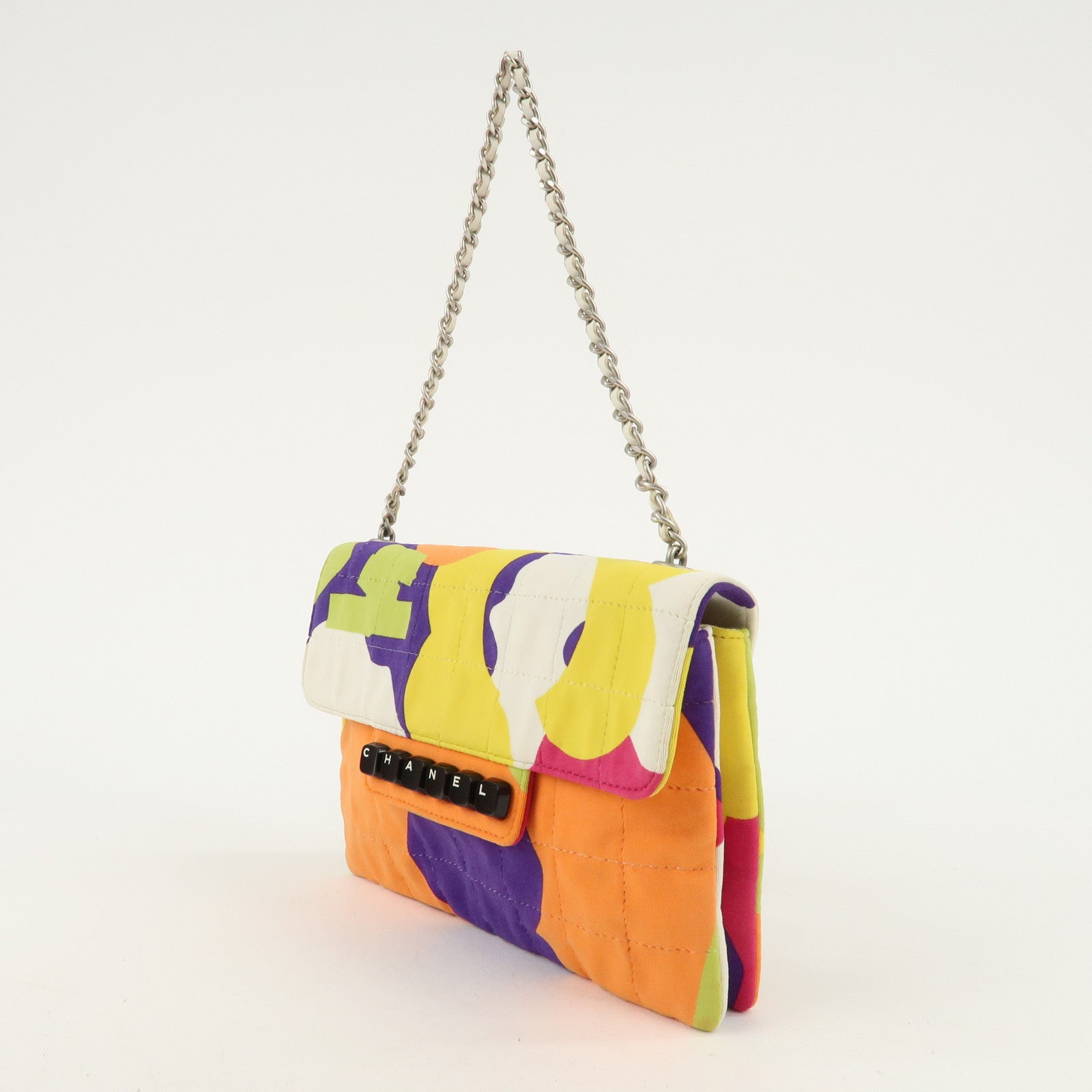 CHANEL Chocolate Bar Canvas Piano Chain Shoulder Bag Multi Color Used