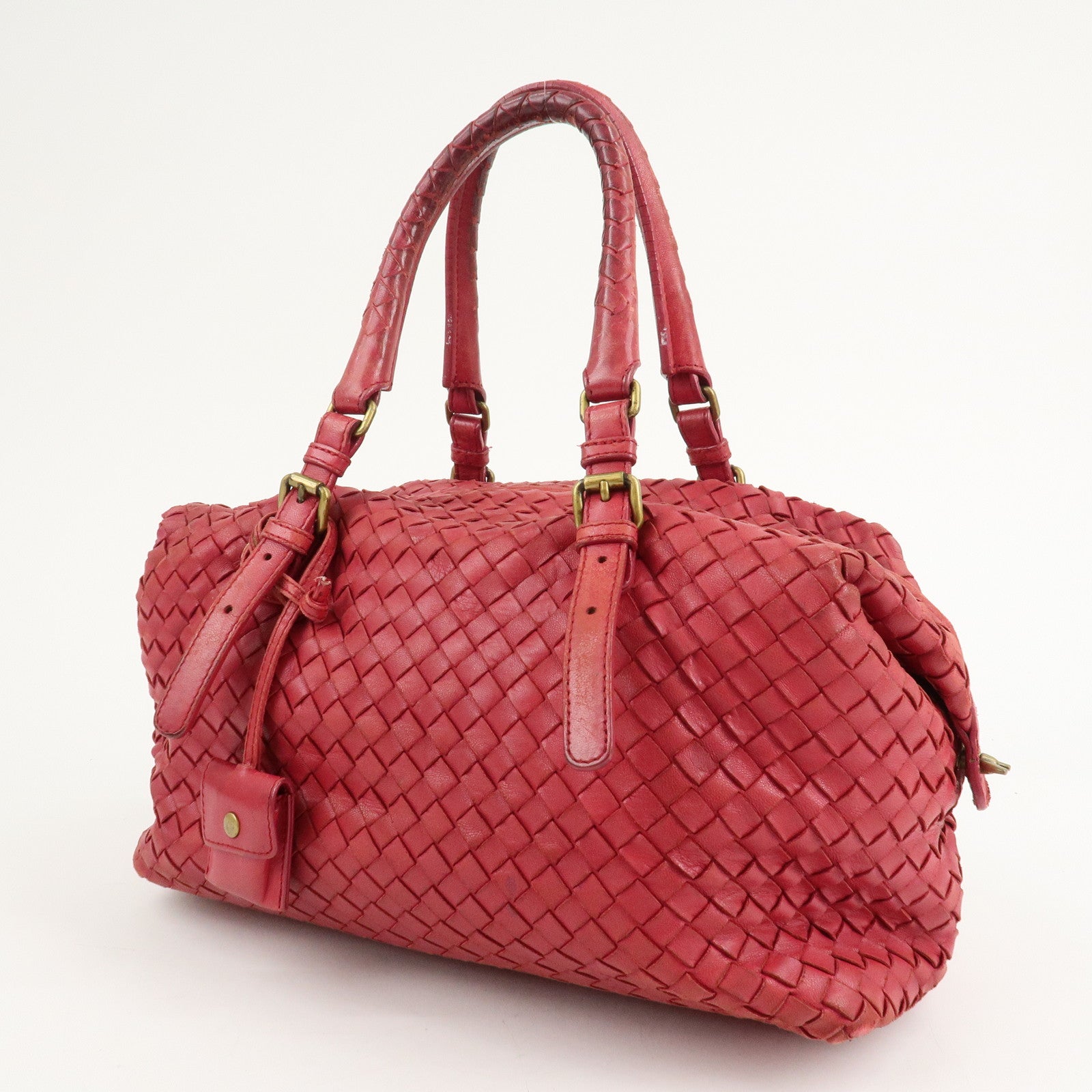 BOTTEGA VENETA Intrecciato Leather Montaigne Boston Bag Red Used