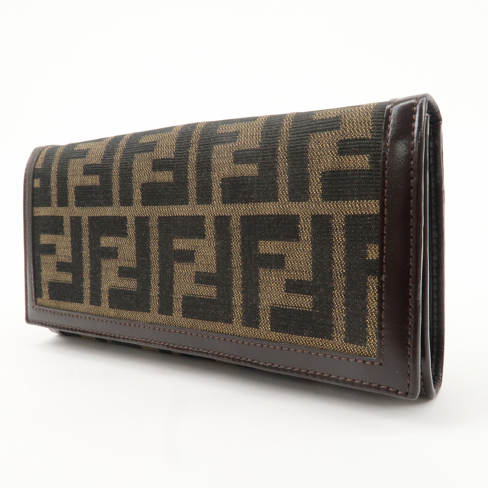 FENDI Zucca Print Canvas Leather Long Wallet Brown 30851 Used