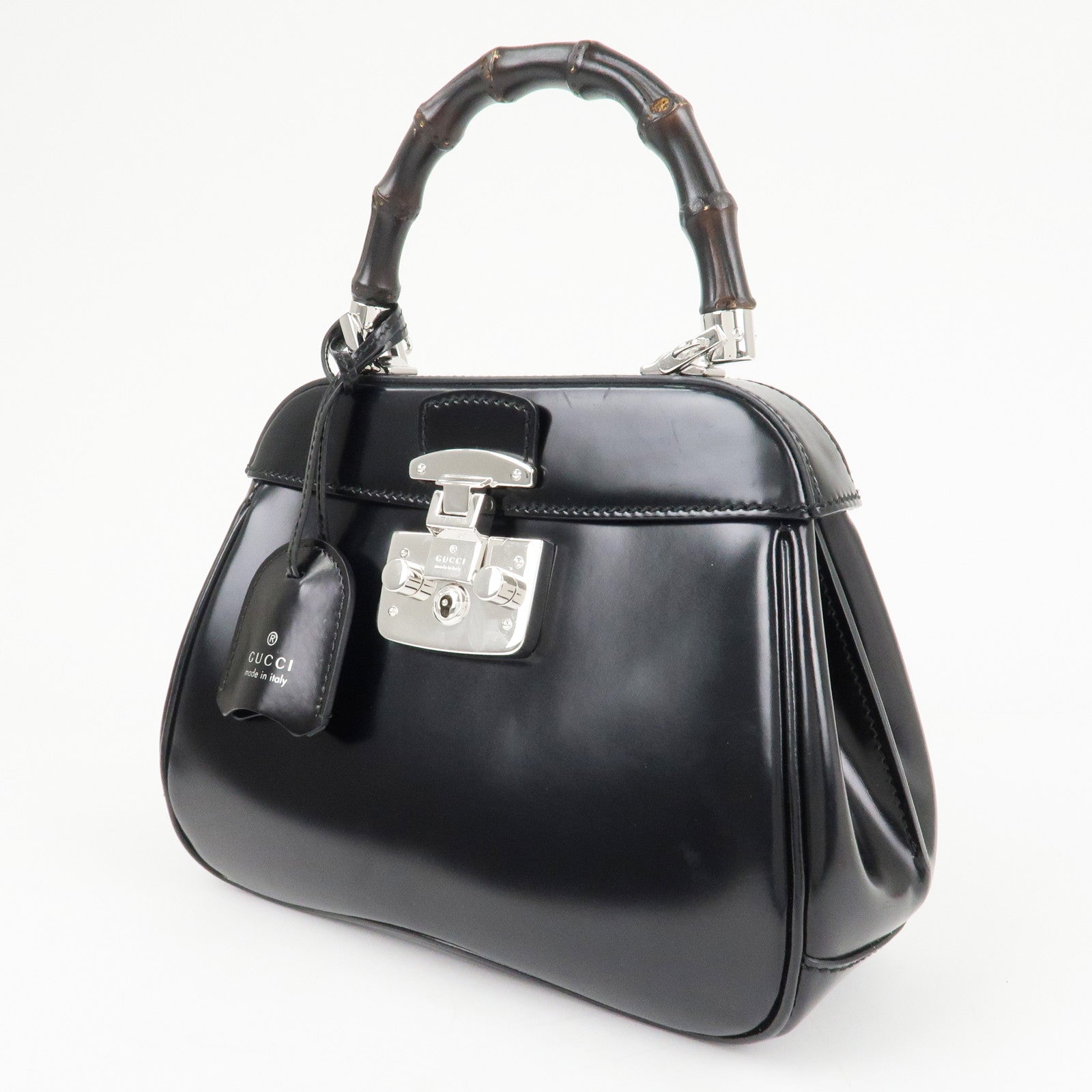 GUCCI Bamboo Leather 2Way Bag Hand Bag Black Handbag 353522 Used