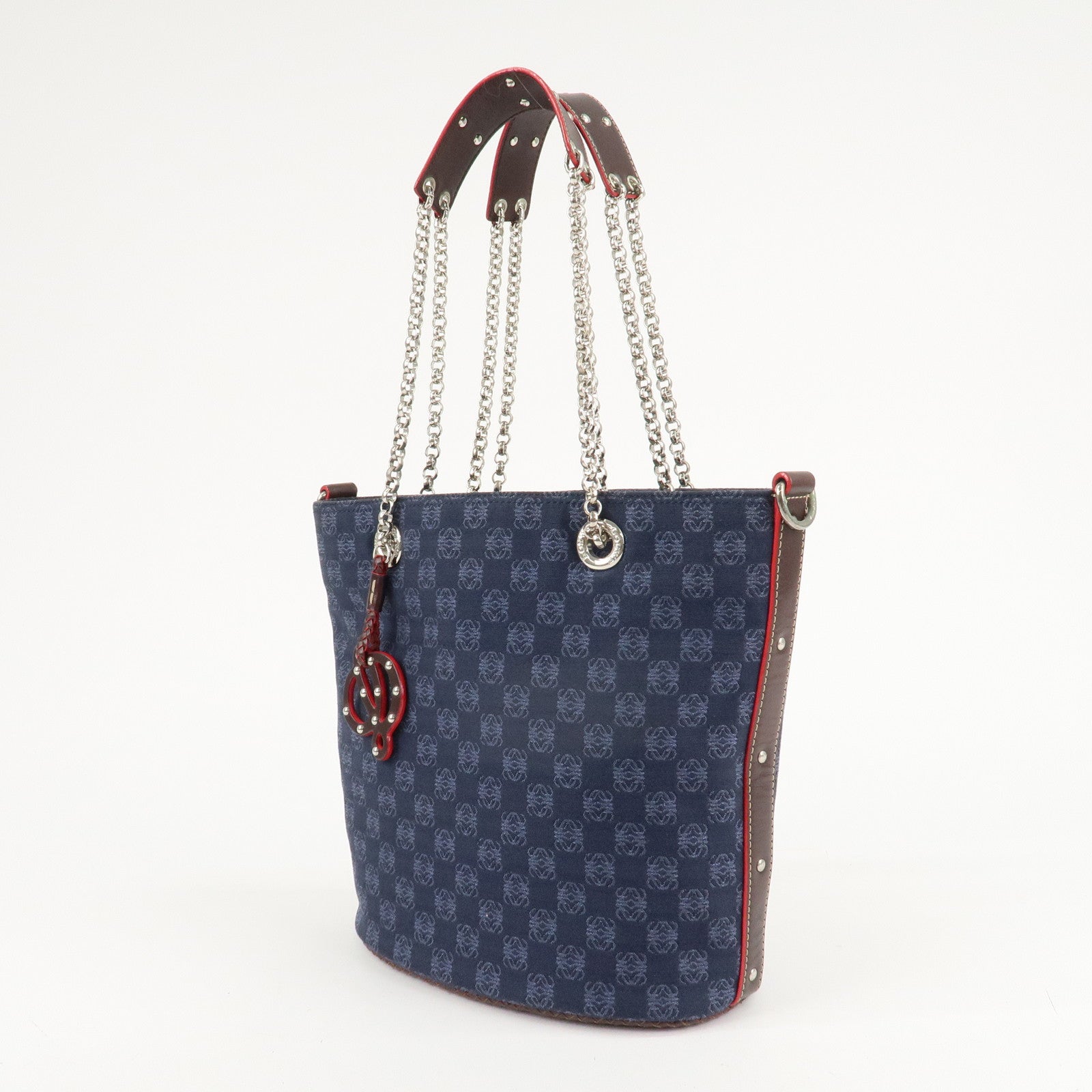 LOEWE Anagram Canvas Leather Chain Tote Bag Shoulder Bag Blue Used