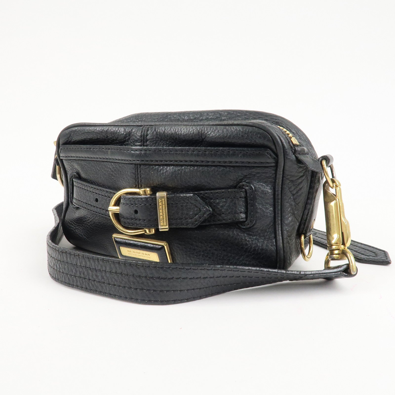 BURBERRY Logo Leather Shoulder Bag Hand Bag Black Used