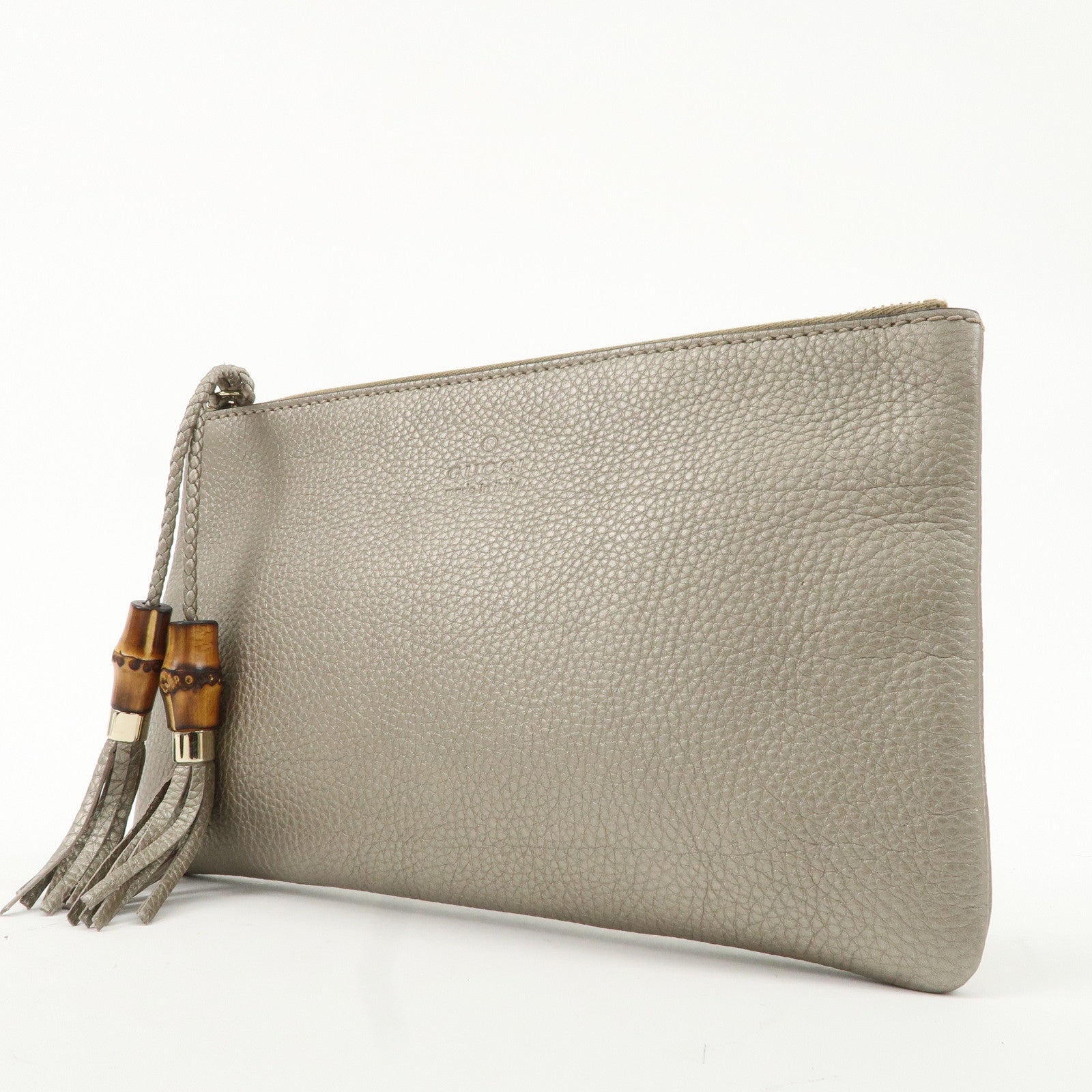 GUCCI Bamboo Leather Tassel Pouch Champaigne Beige 376854 Used