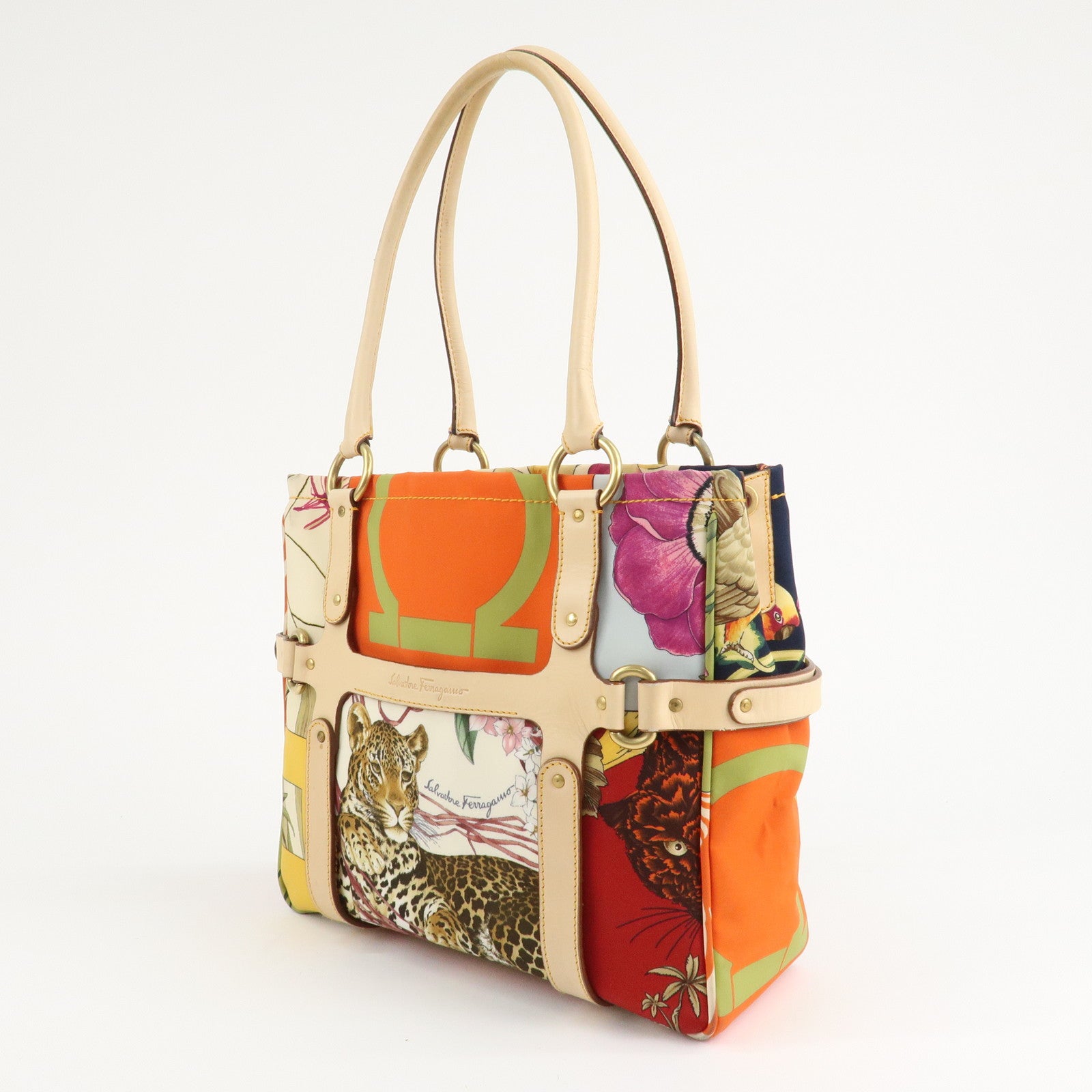 Ferragamo Nylon Leather Tote Bag Animal Multi Color AF-216407 Used