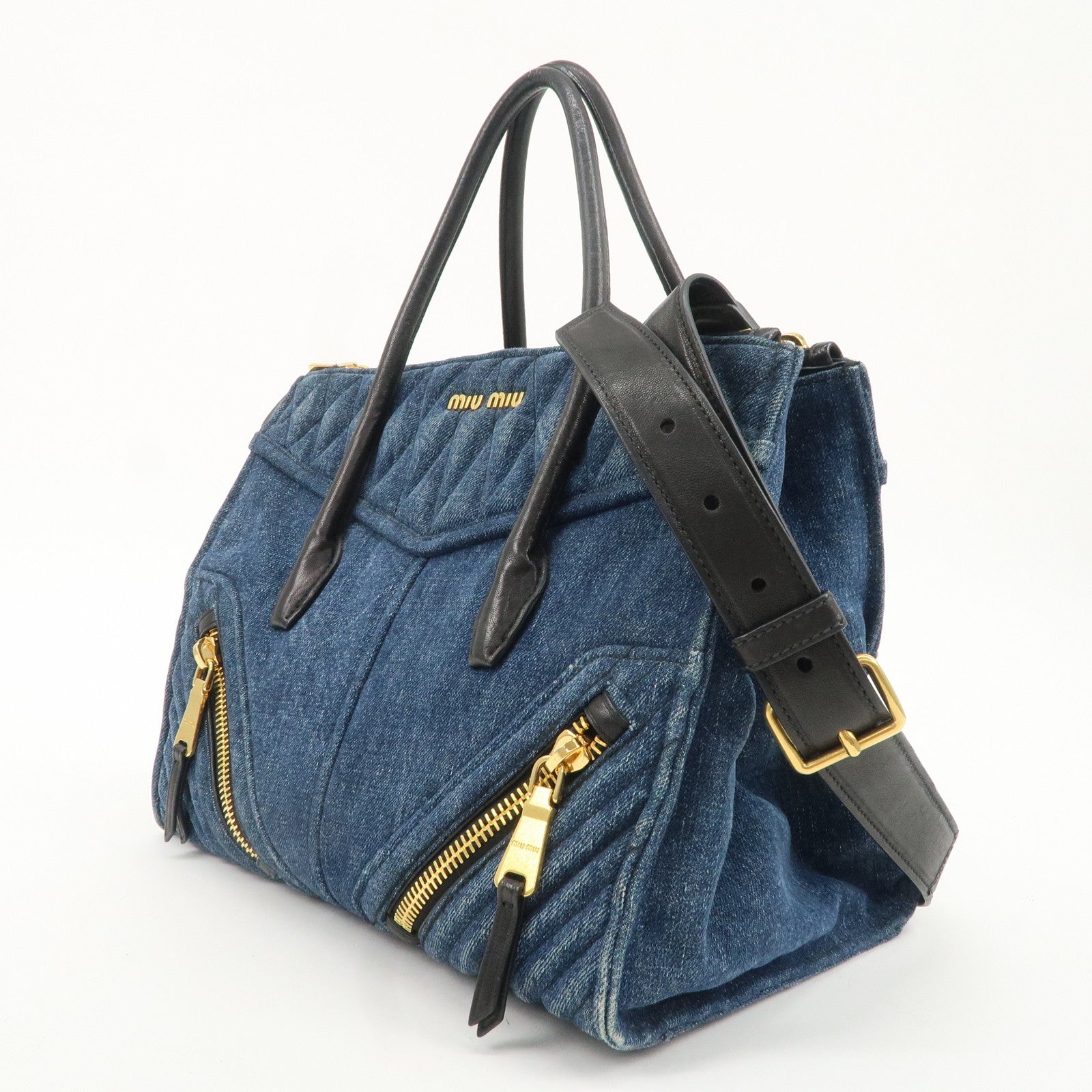MIU MIU Denim Leather Biker 2WAY Bag Blue Black RN1031 Used