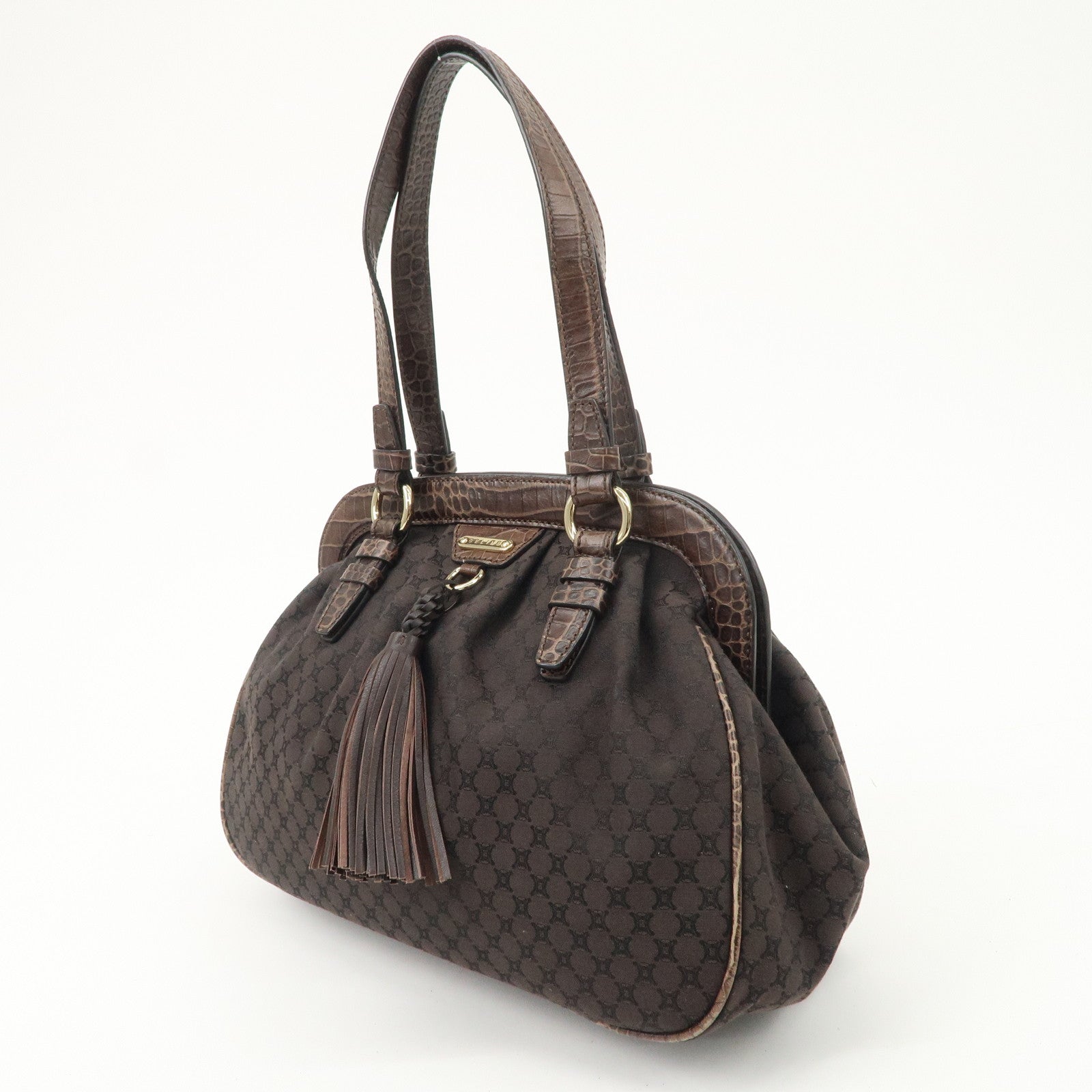 CELINE Macadam Canvas Leather Shoulder Bag Fringe Brown Used