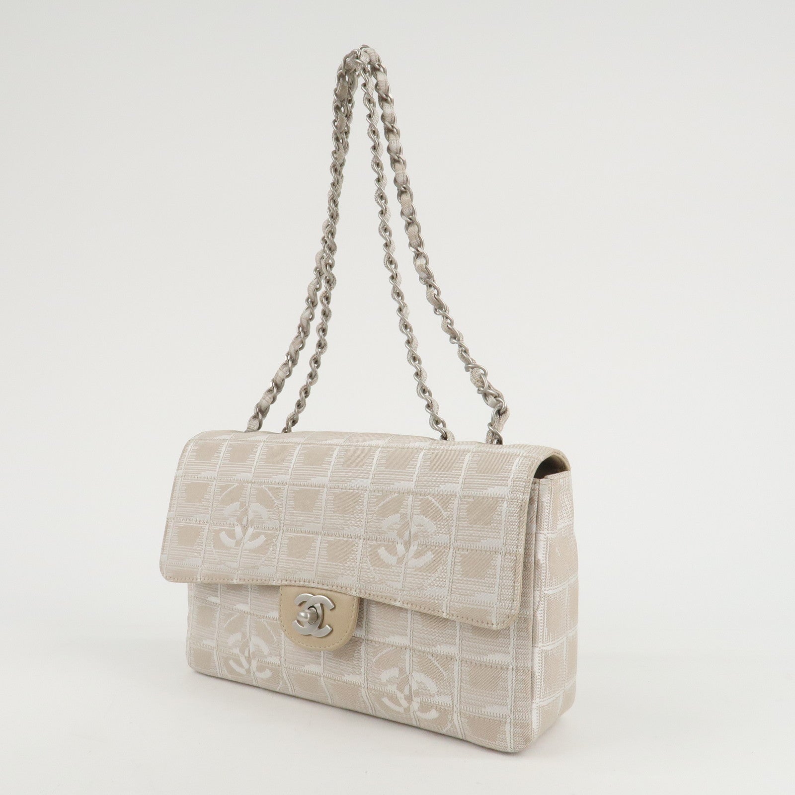 CHANEL Travel Line Chocolate Bar Nylon Jacquard Chain Bag A15285 Used