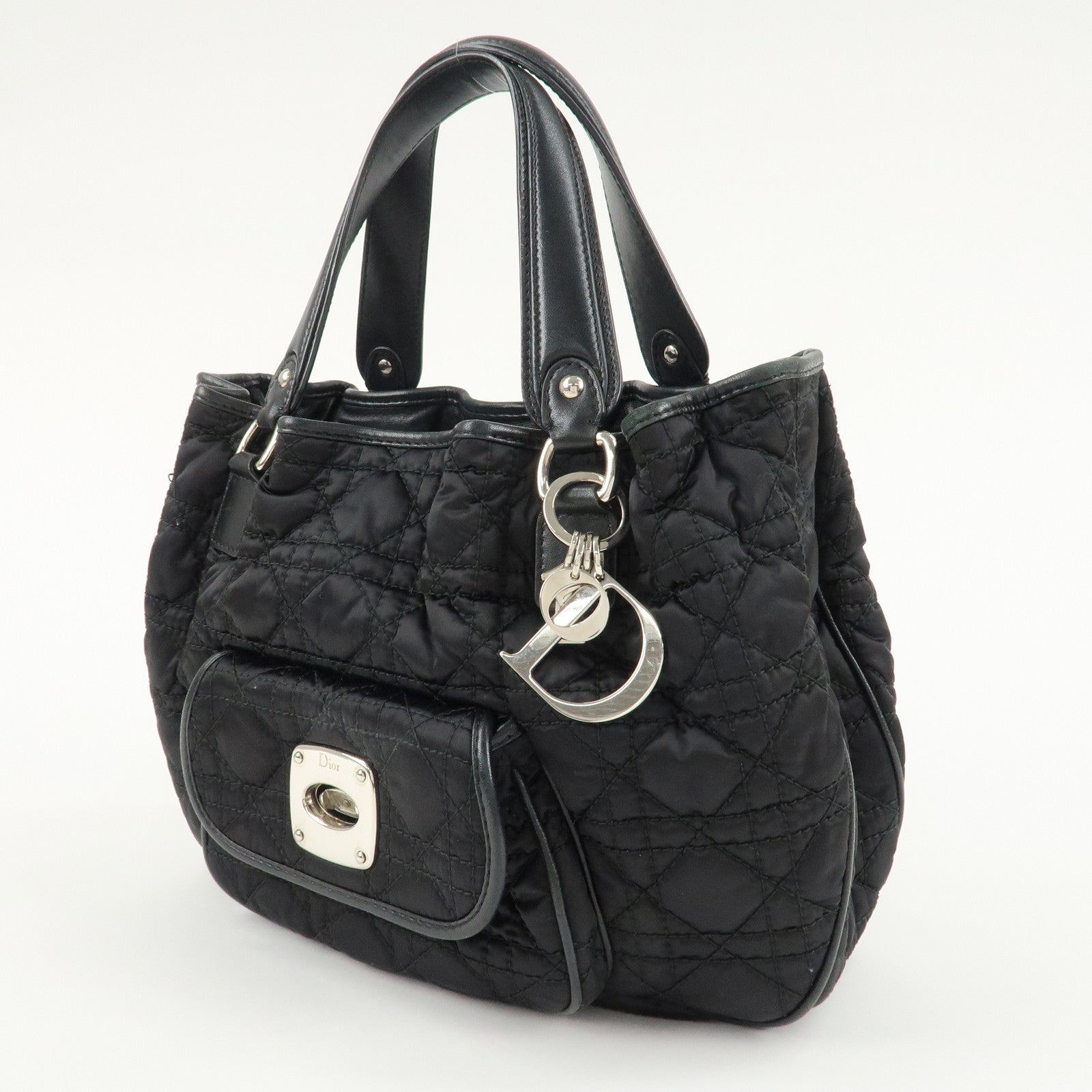 Christian Dior Cannage Nylon Leather Tote Bag Hand Bag Black Used