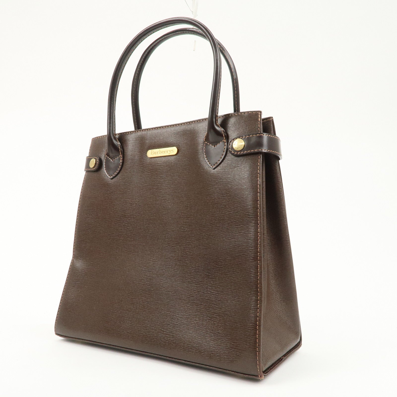 BURBERRY Leather Tote Bag Hand Bag Brown Gold Hardware Used
