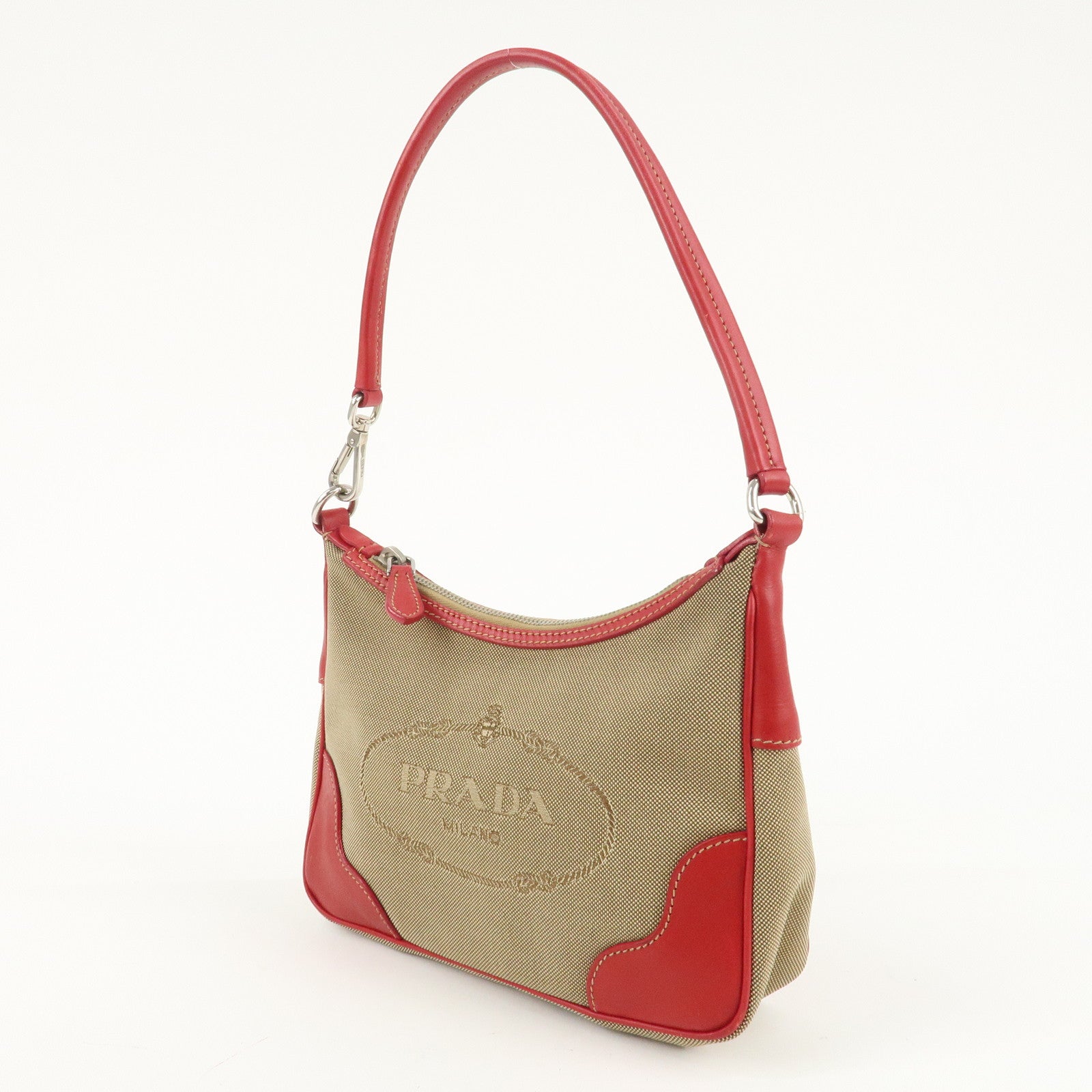 PRADA Logo Jacquard Leather Shoulder Bag Beige Red Used
