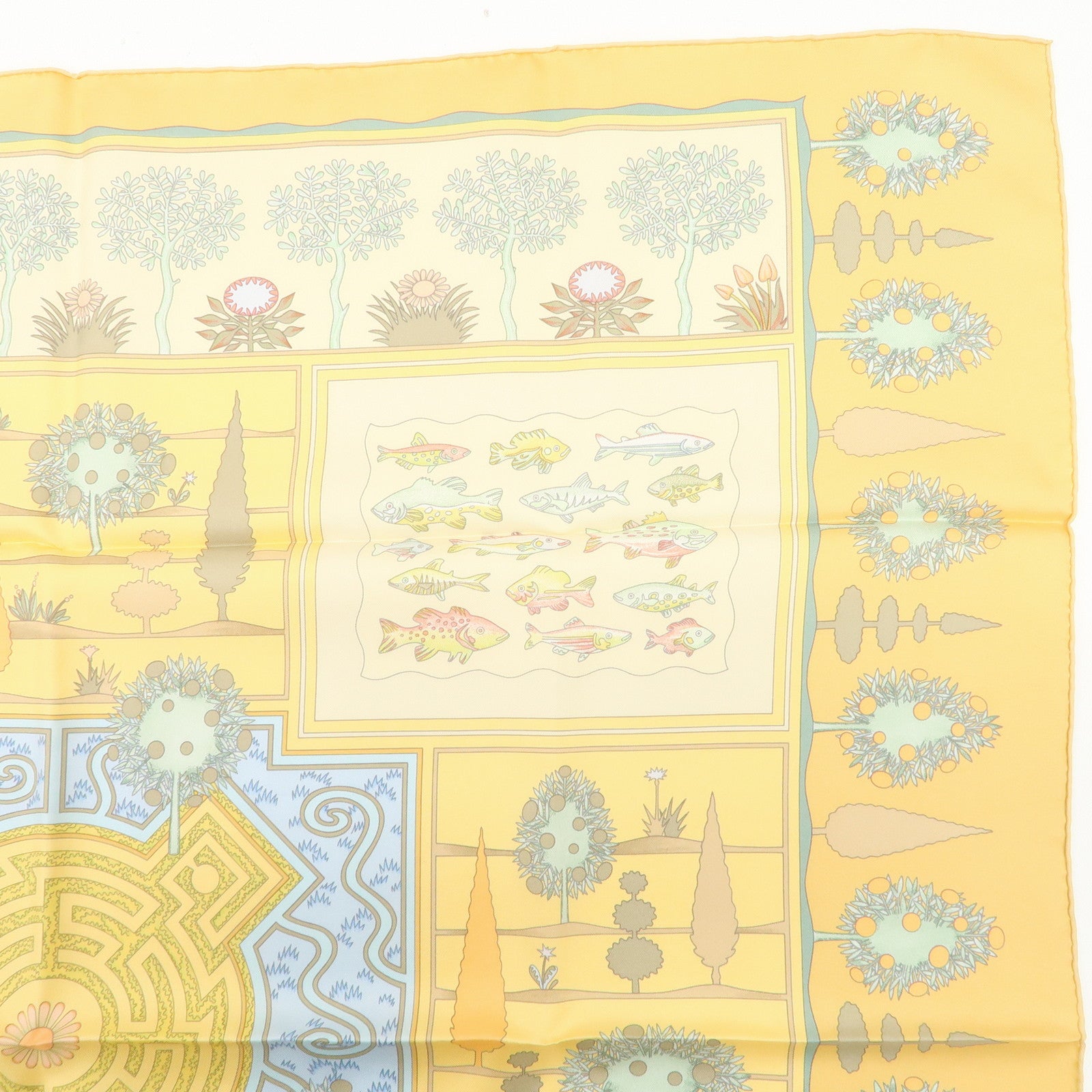 HERMES Carre 90 Silk 100% Scarf Paridaiza Yellow Blue Used