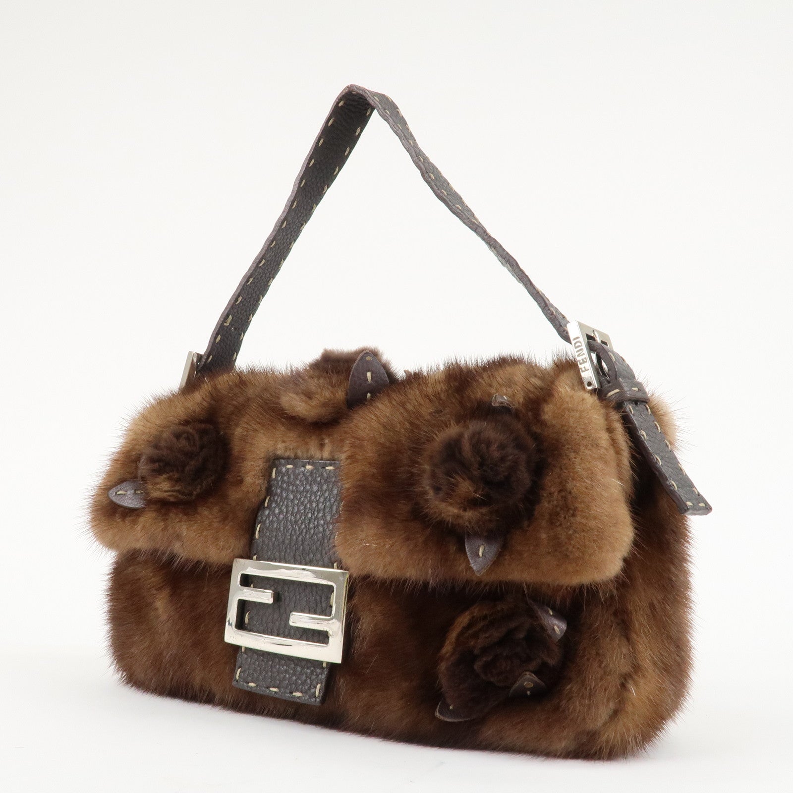 FENDI Mamma Baguette Selleria Mink Leather Shoulder Bag 8BR101 Used