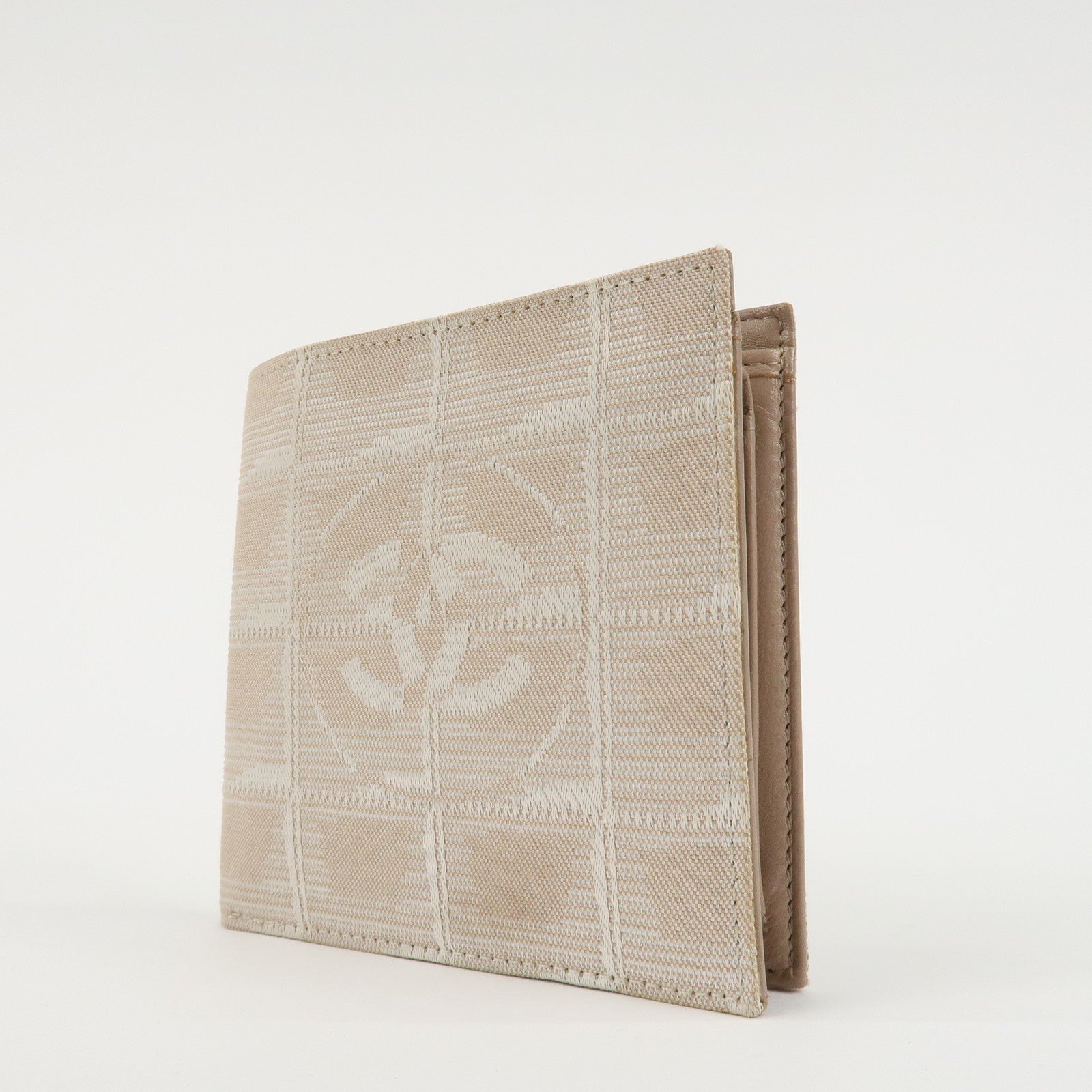 CHANEL New Travel Line Nylon Jacquard Bi-hold Compact Wallet Beige Used