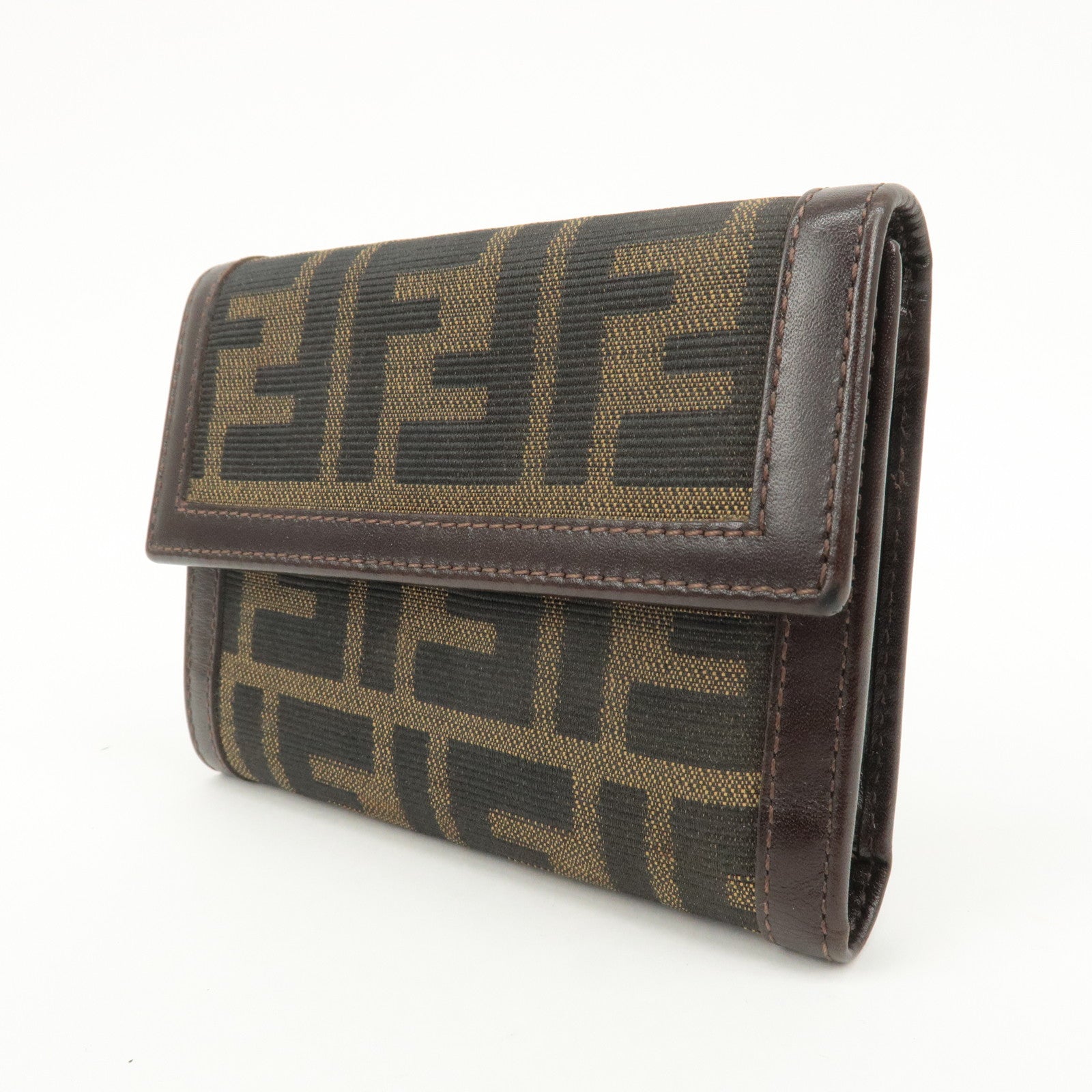 FENDI Zucca Canvas Leather Hook Tri-fold Wallet Brown 30729 Used