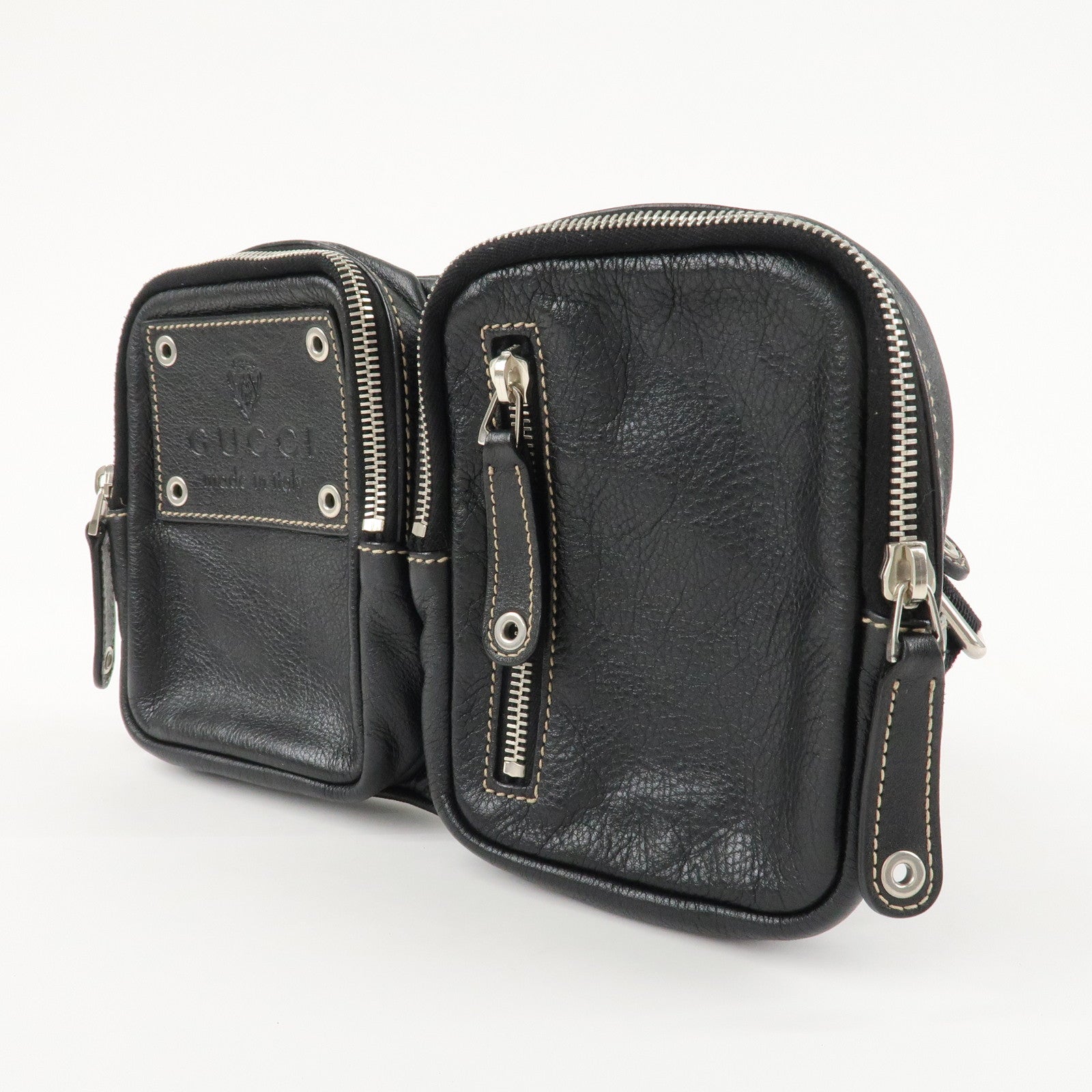 GUCCI Leather Nylon Waist Bag Cross Body Bag Black 201846 Used