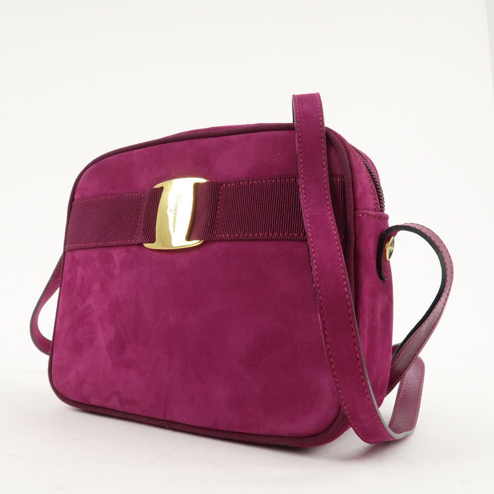 Ferragamo Vara Ribbon Suede Leather Shoulder Bag Purple Used