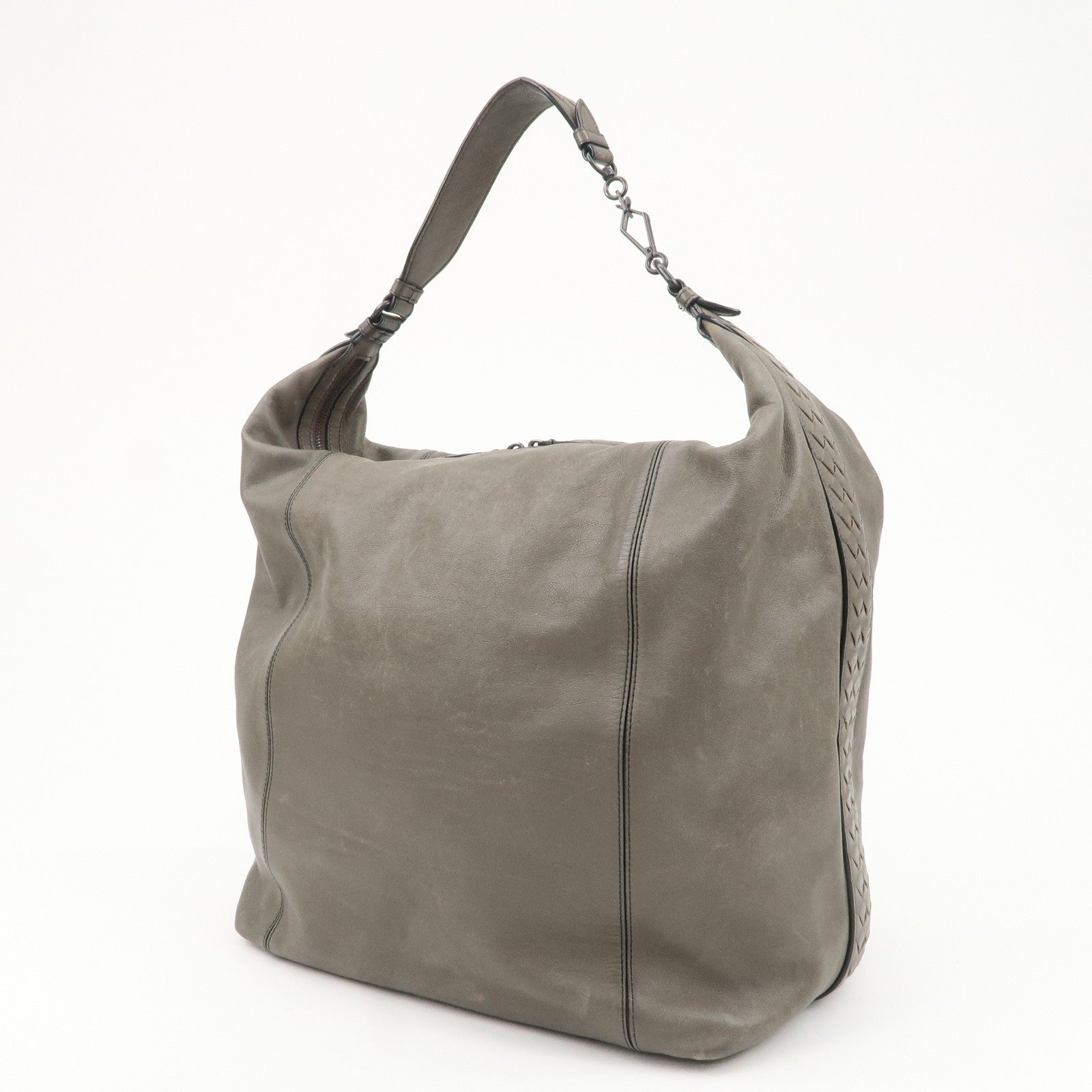 BOTTEGA VENETA Intrecciato Leather Shoulder Bag Greige Used