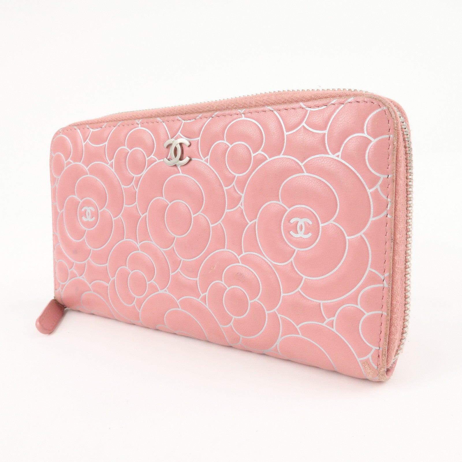 CHANEL Camellia Lamb Skin Long Zippy Wallet Pink A50085 Used