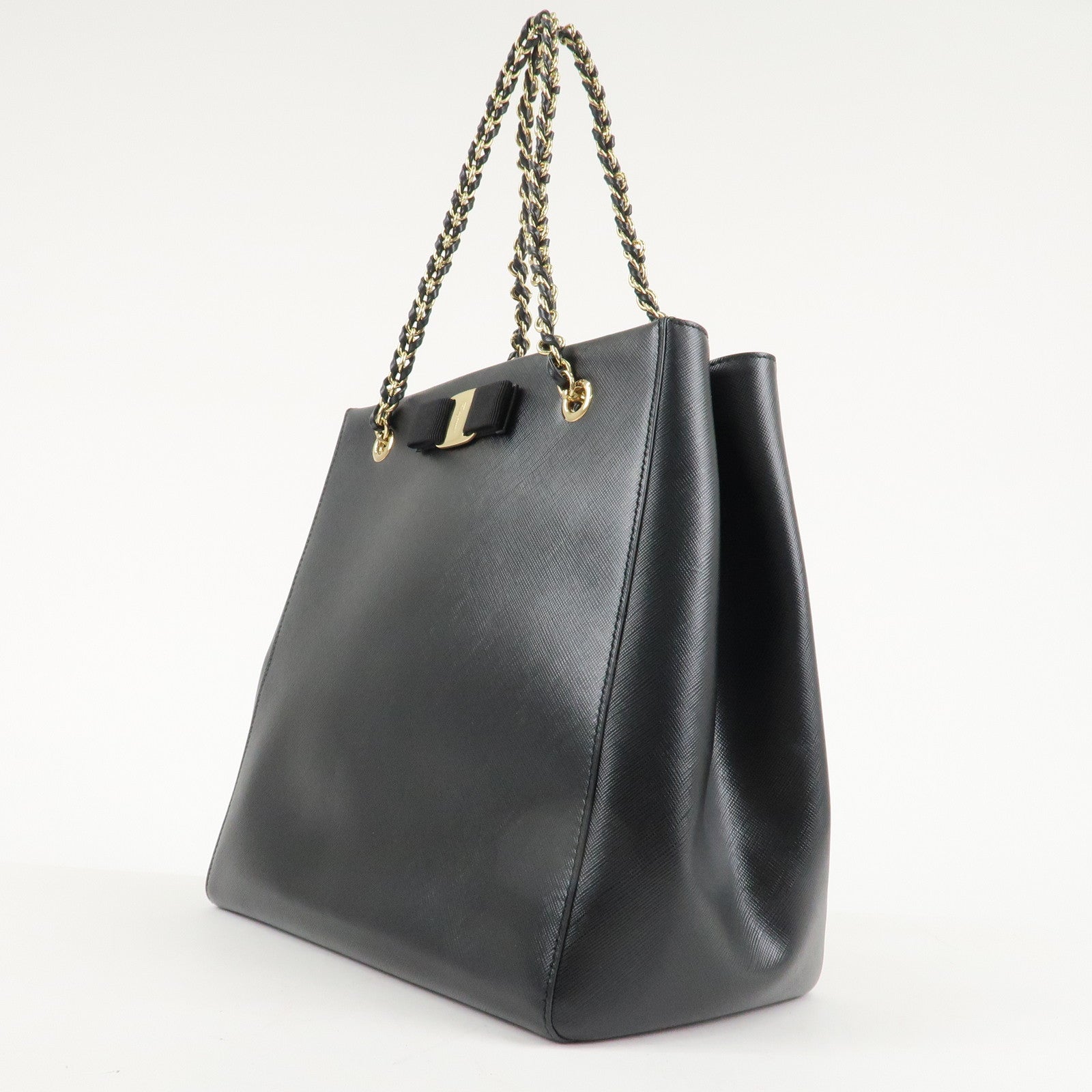 Ferragamo Vara Ribbon Chain Tote Bag Shoulder Bag Black Gold HDW Used