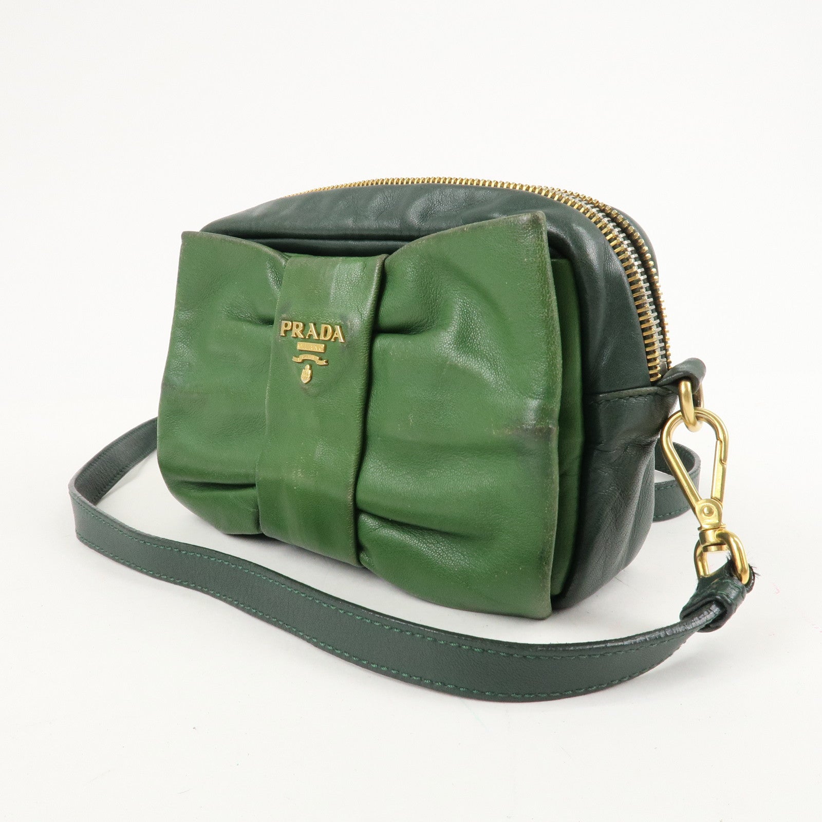 PRADA Logo Leather Ribbon Shoulder Bag Green BP0166 Used