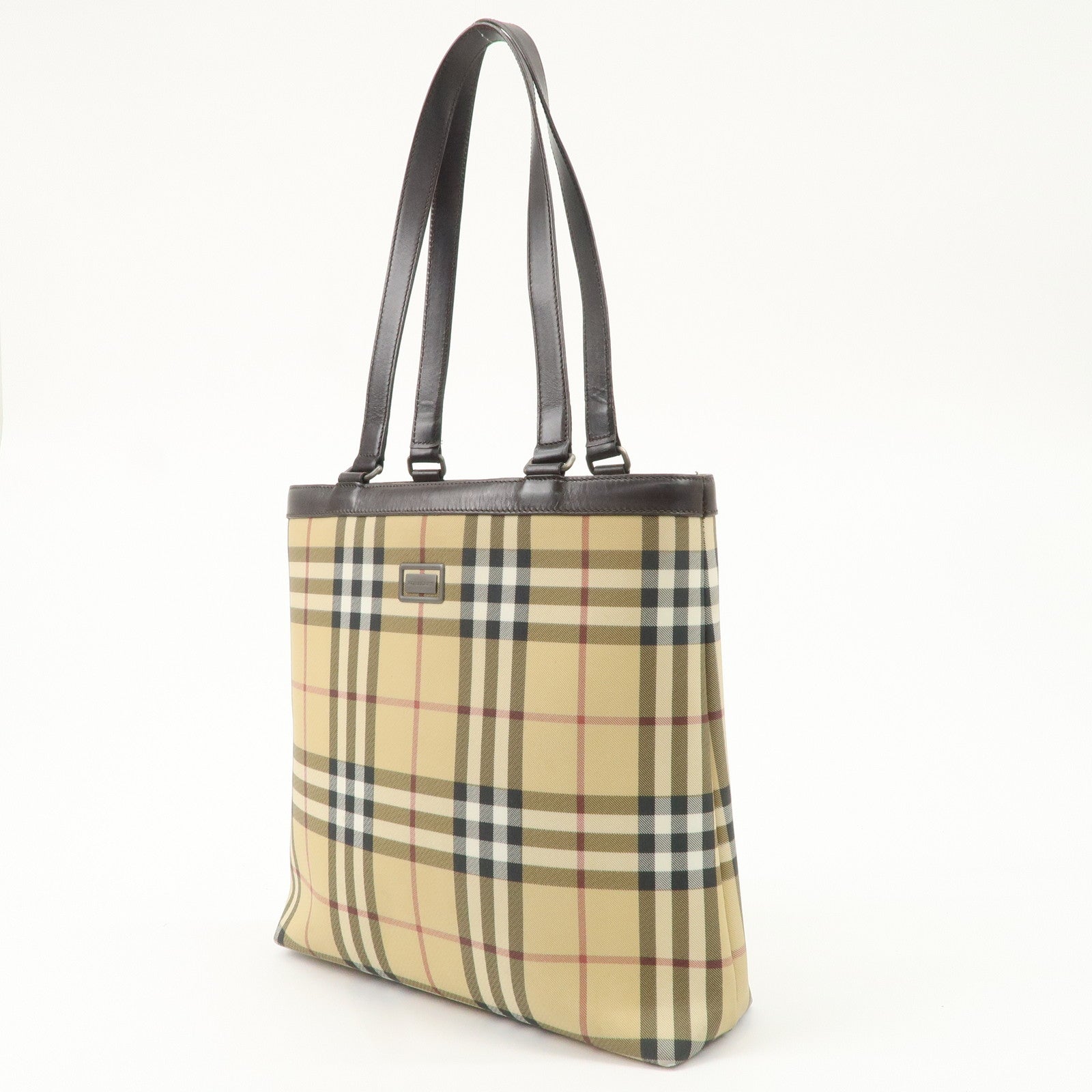 BURBERRY Nova Plaid PVC Leather Tote Bag Beige Brown Used