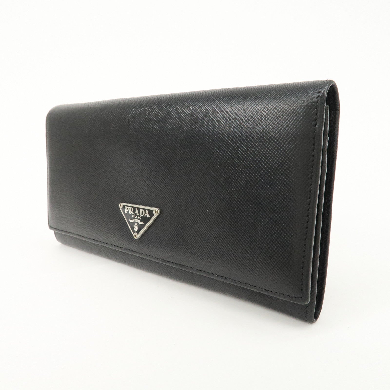 PRADA Leather Bi-fold Long Wallet Black Silver Hardware Used