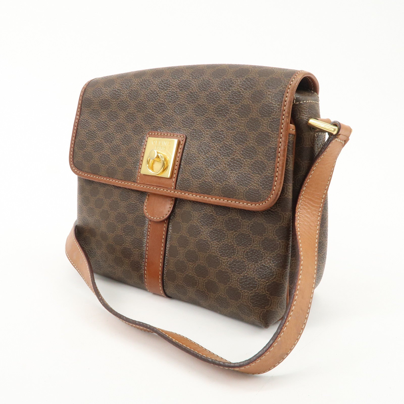 CELINE Macadam PVC Leather Shoulder Bag Brown Gold Hardware Used