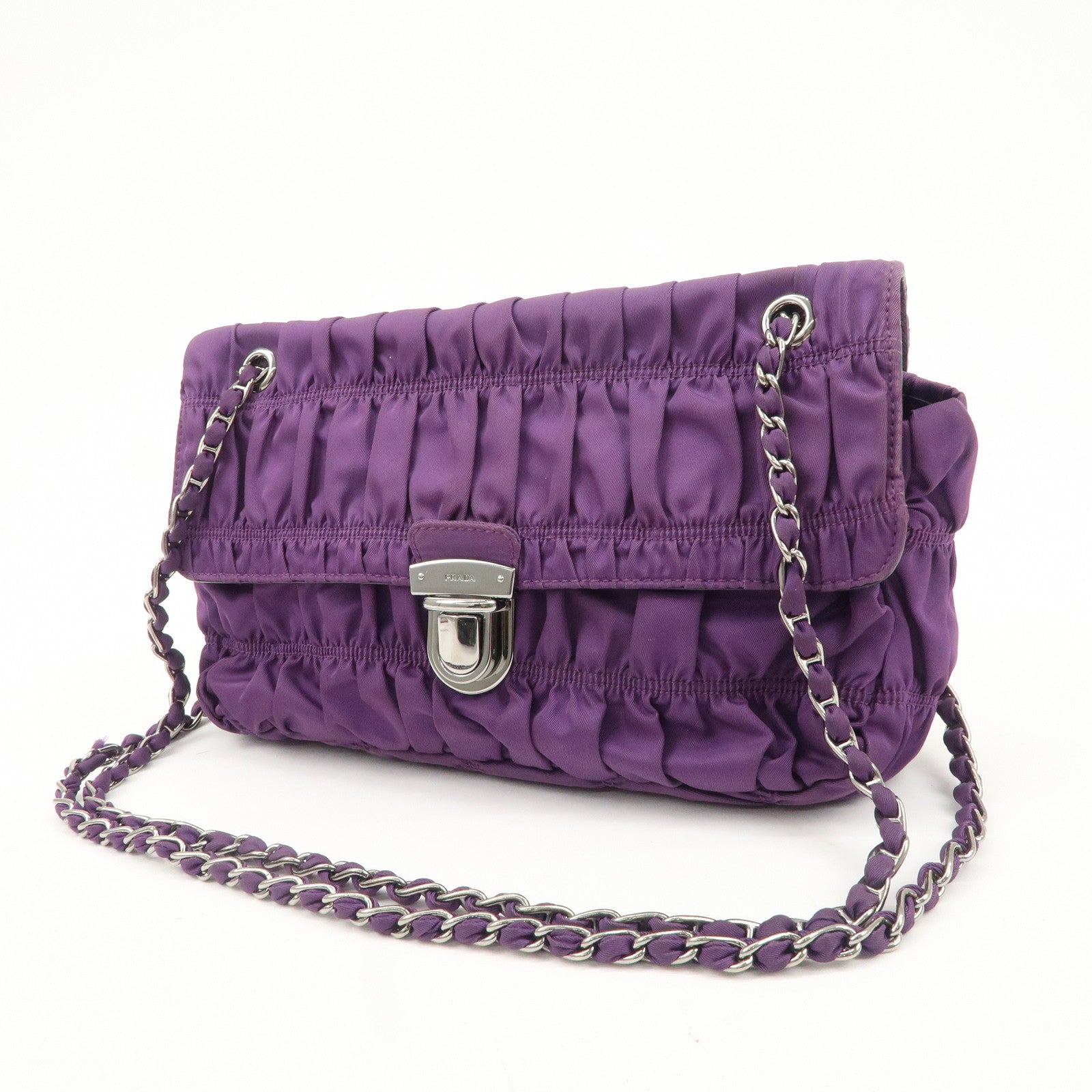 PRADA Nylon Leather Gathered Shoulder Bag Purple BR4609 Used