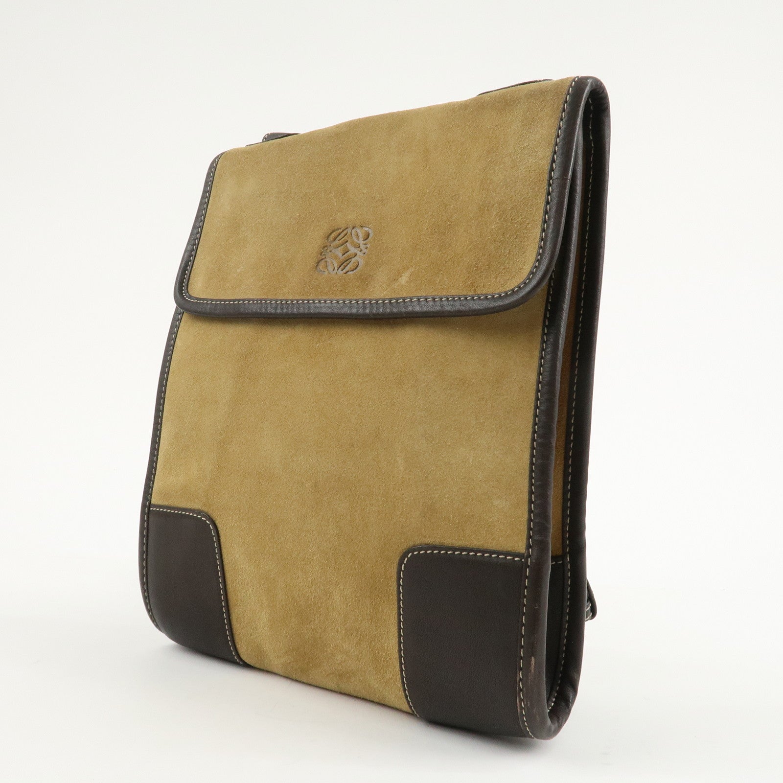 LOEWE Anagram Suede Leather Back Pack Ruck Sack Beige Dark Brown Used
