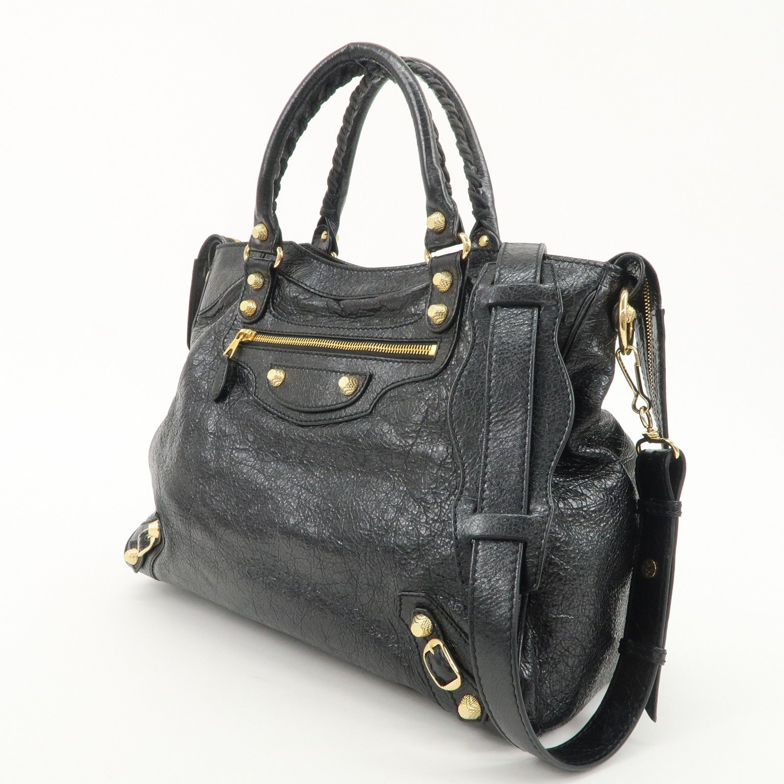BALENCIAGA Leather The Giant Velo Hand Bag Black 28201 Used