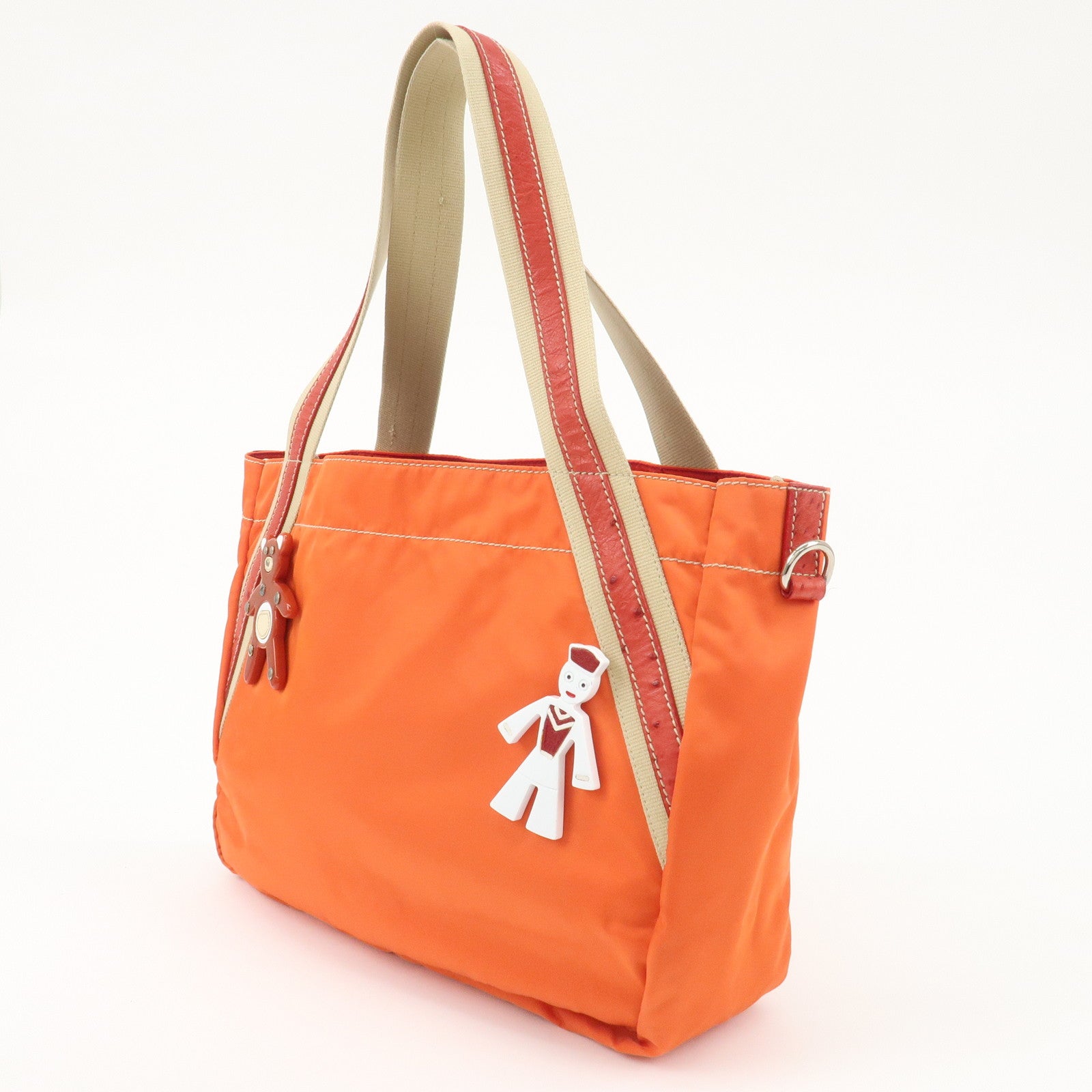 PRADA Logo Nylon Ostrich Leather Canvas Tote Bag Bear B2980A Used