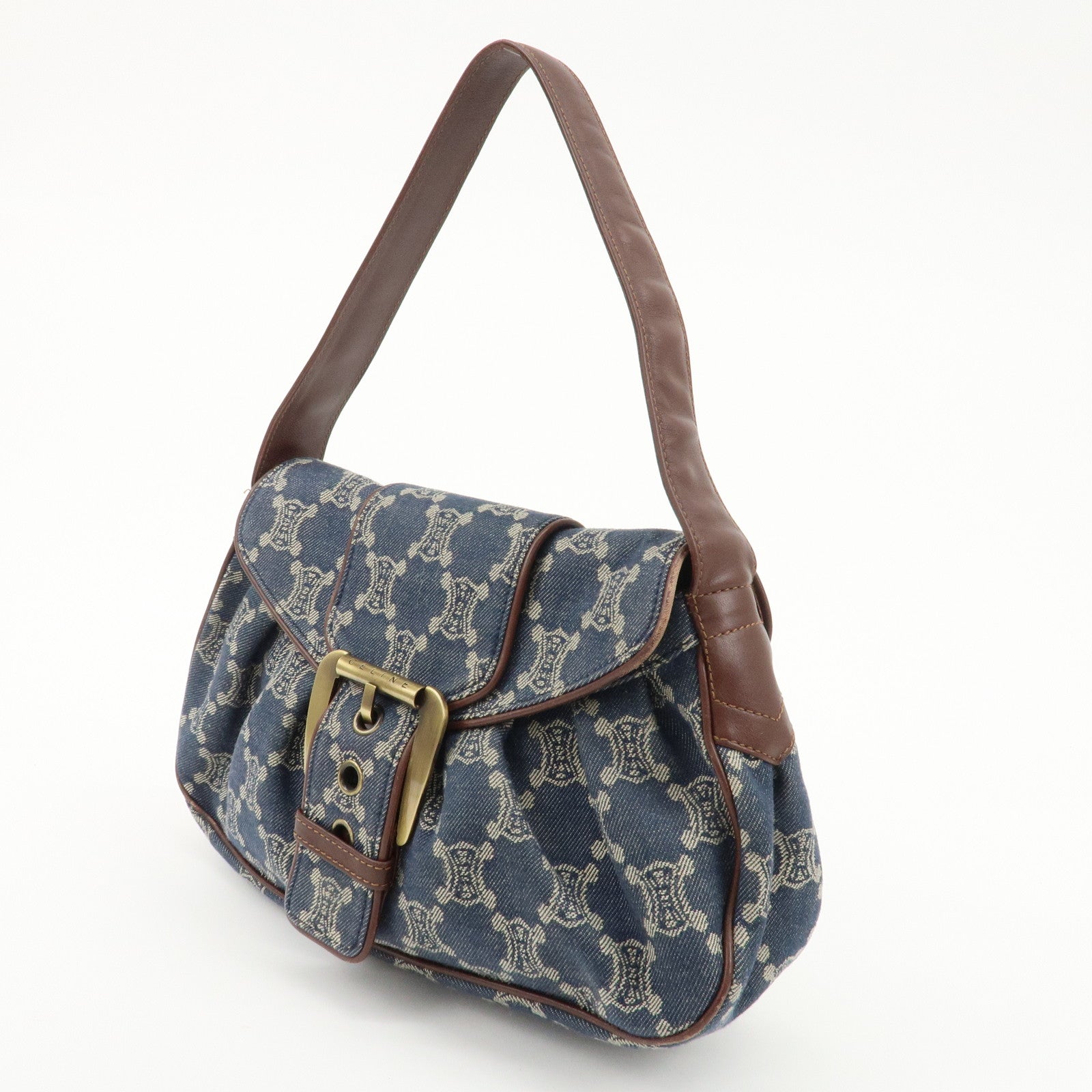 CELINE Macadam Denim Leather Shoulder Bag Blue Brown Used