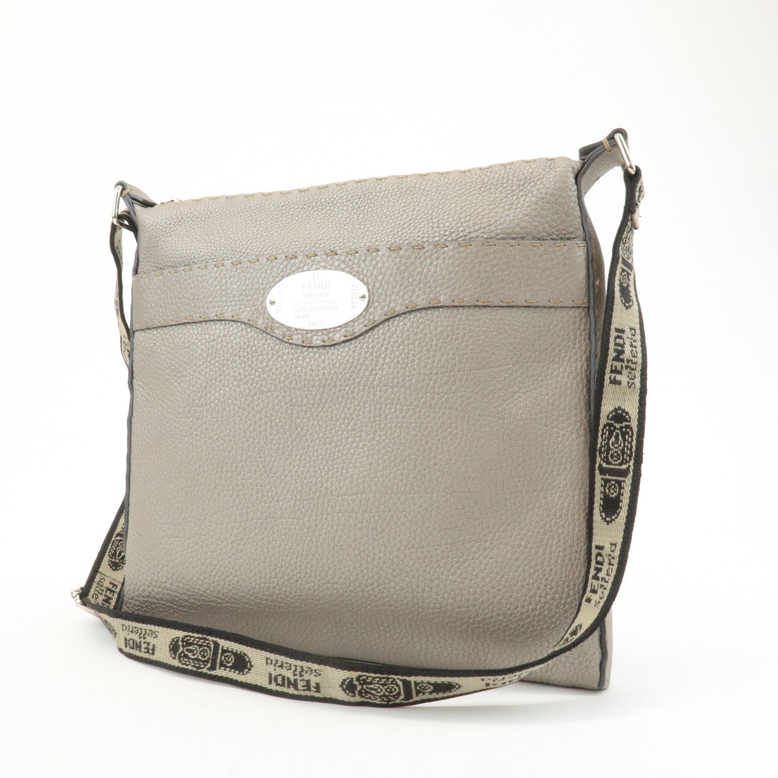 FENDI Selleria Leather Shoulder Bag Champagne Gray 8BT109 Used
