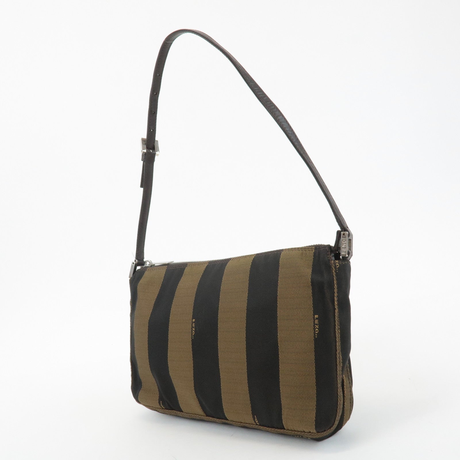 FENDI Pequin Canvas Leather Shoulder Bag Khaki Black 26617 Used