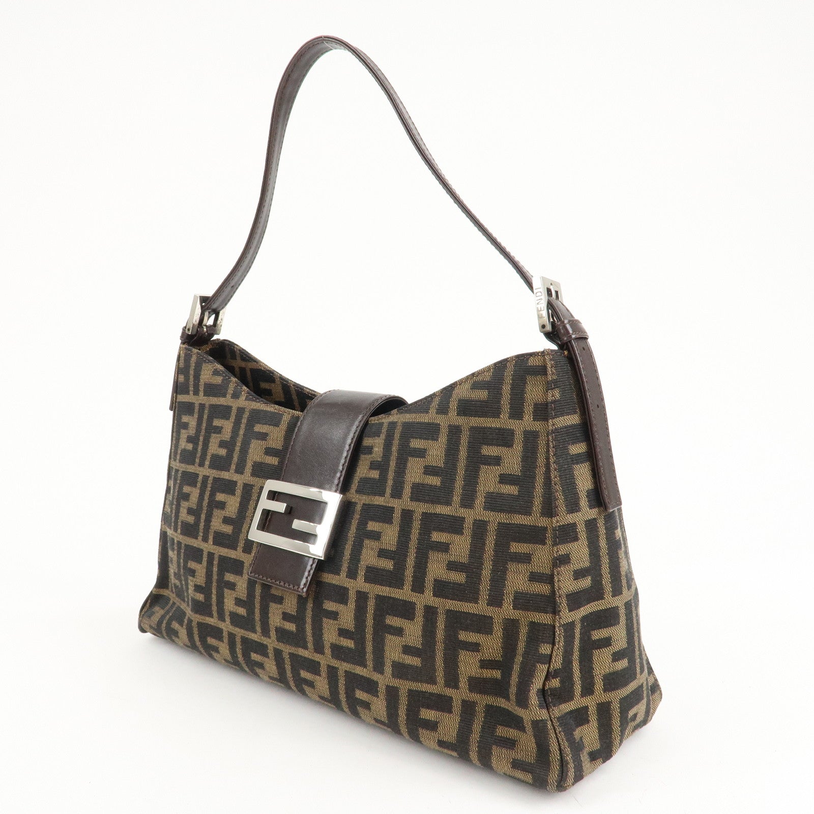 FENDI Zucca Canvas Leather Shoulder Bag Brown Black 9161150001 Used