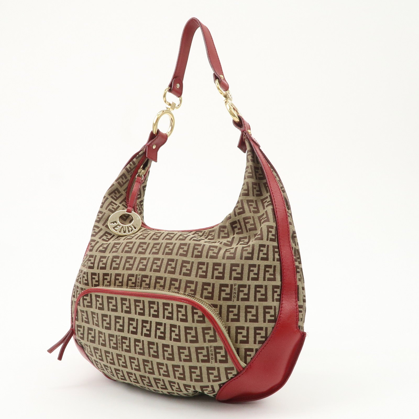 FENDI Zucchino Canvas Leather Shoulder Bag Khaki Brown Red 8BR465 Used