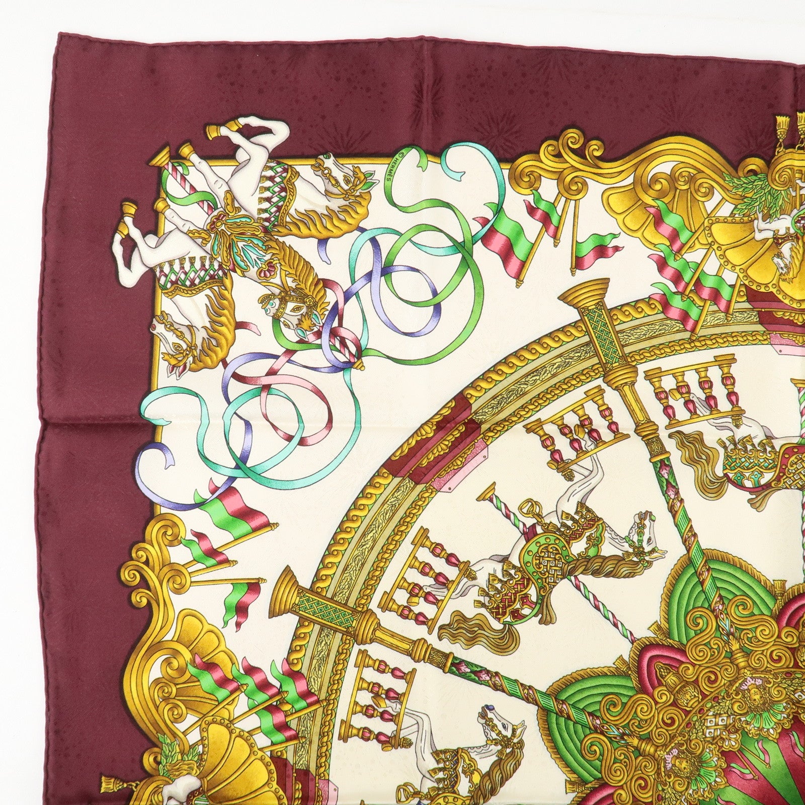 HERMES Carre 90 Silk 100% Scarf LUNA PARK Wine Red White Yellow Used