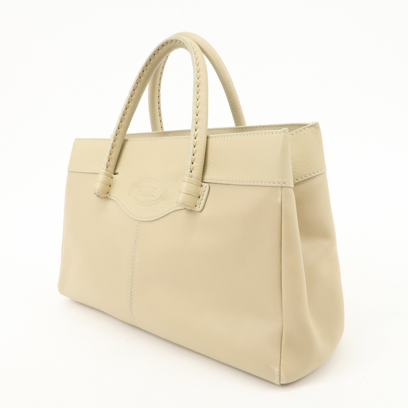 TOD'S Logo Leather Tote Bag Hand Bag Beige Cream Used